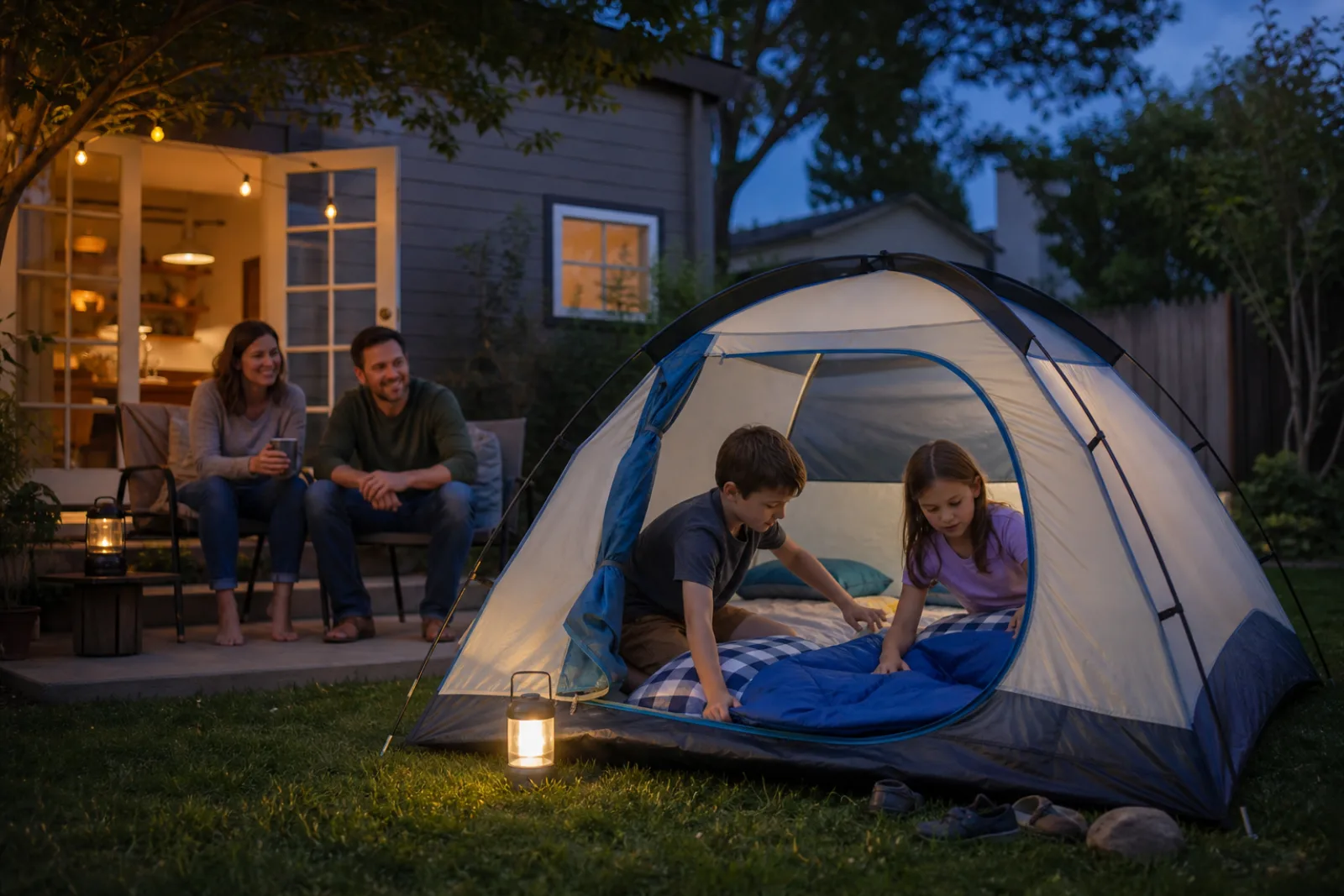 Two children arrange sleeping bags in a backyard tent as parents supervise.