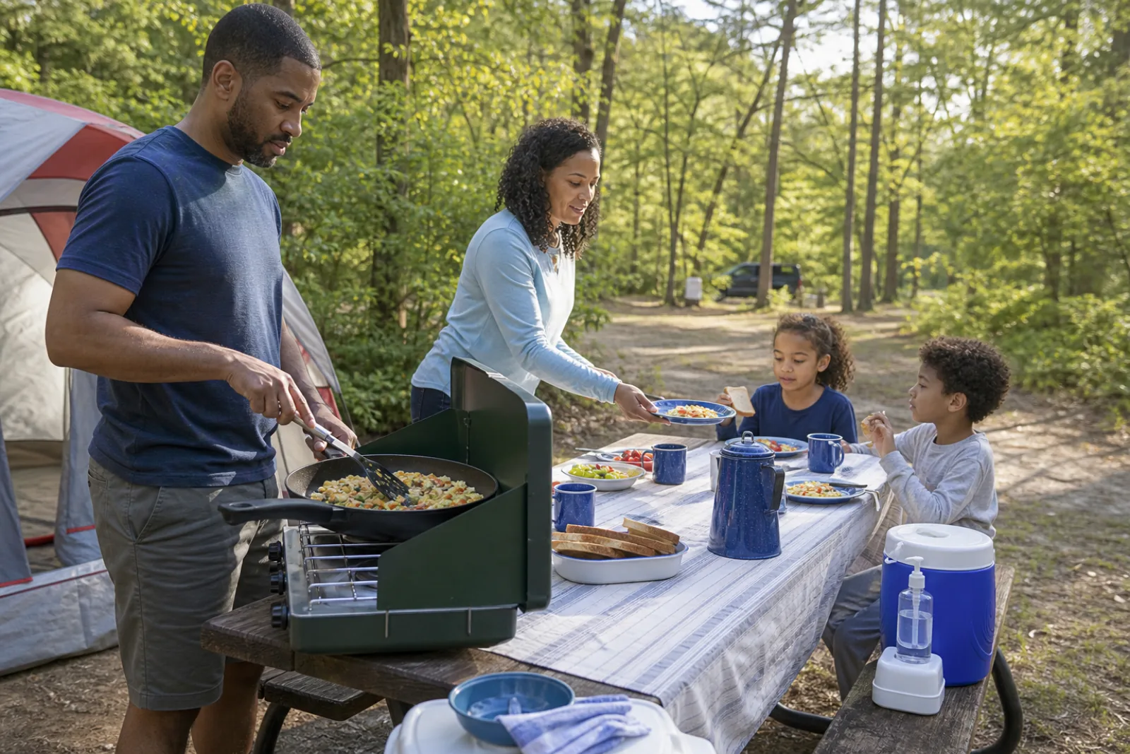 An adult cooks a vegetable egg breakfast while children eat safely across the table.