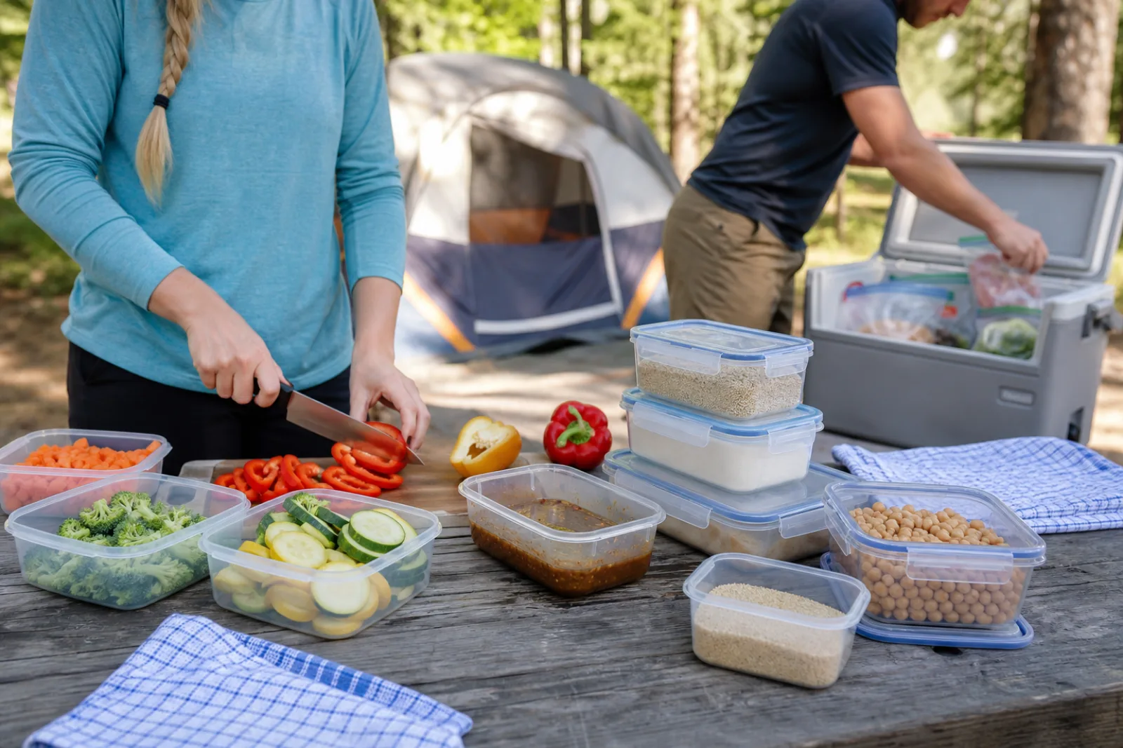 Campers portion vegetables and organize food containers beside a cooler.