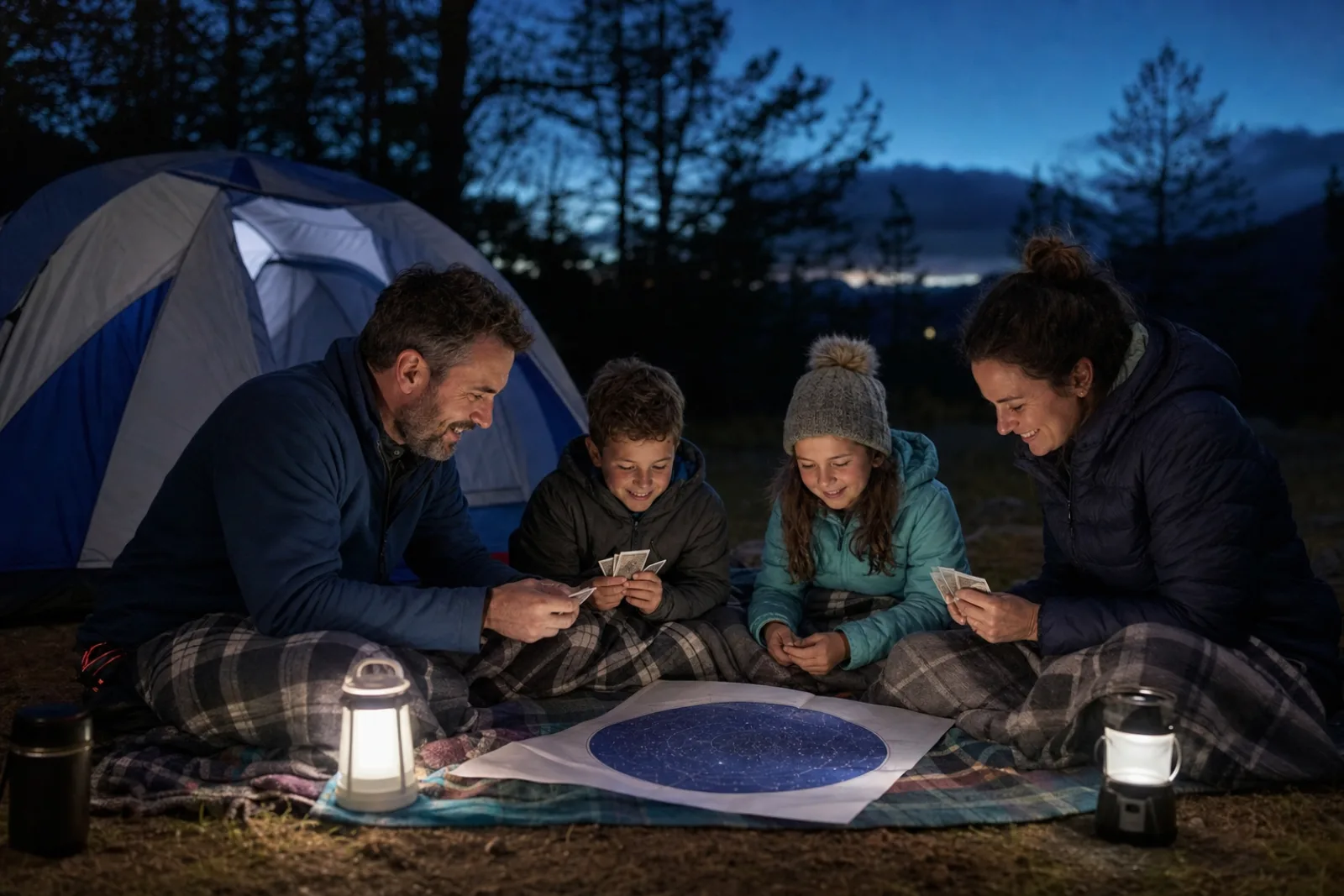 A family plays cards by lantern light at a fire-free campsite.