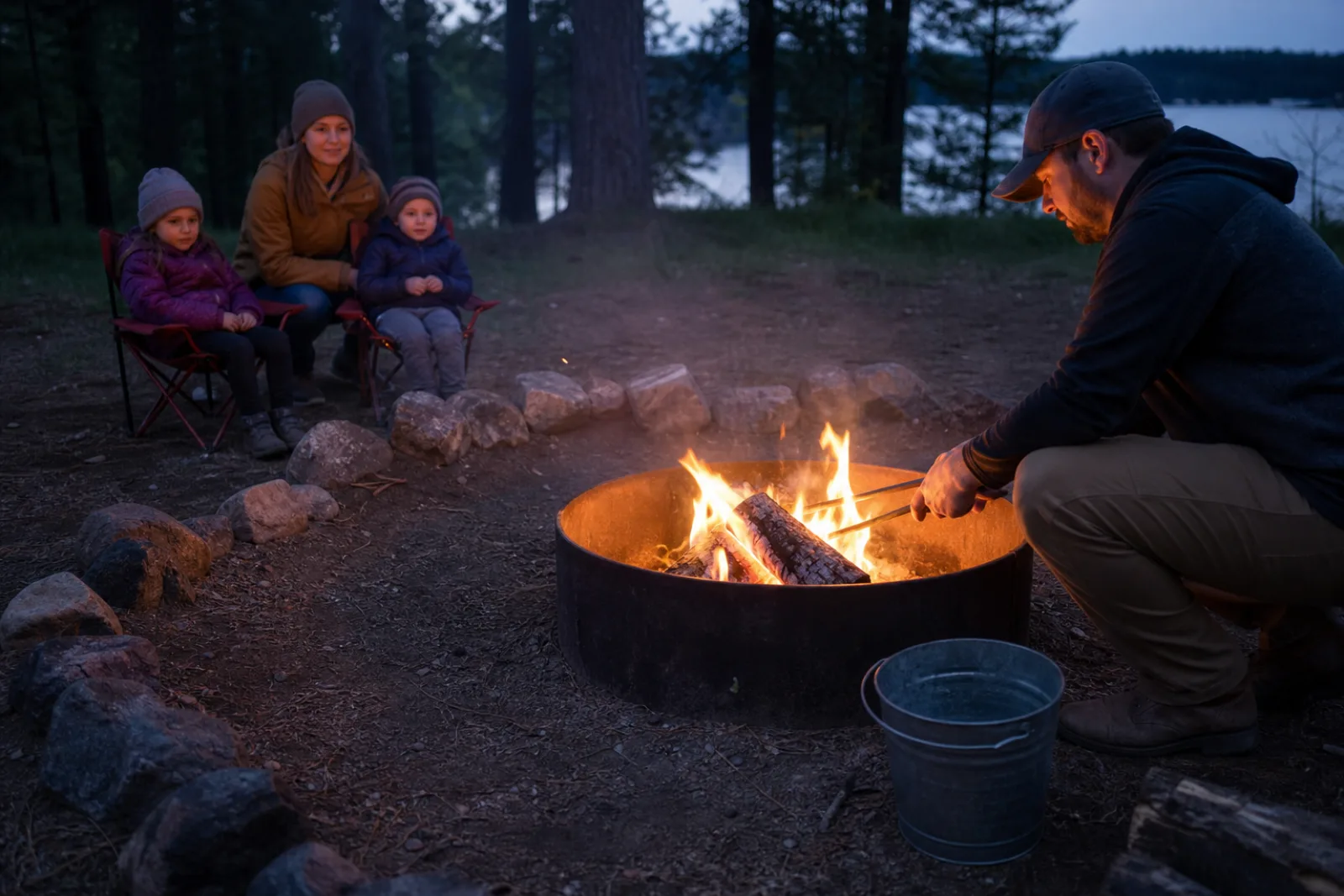 An adult tends a contained campfire while children sit beyond a safety boundary.