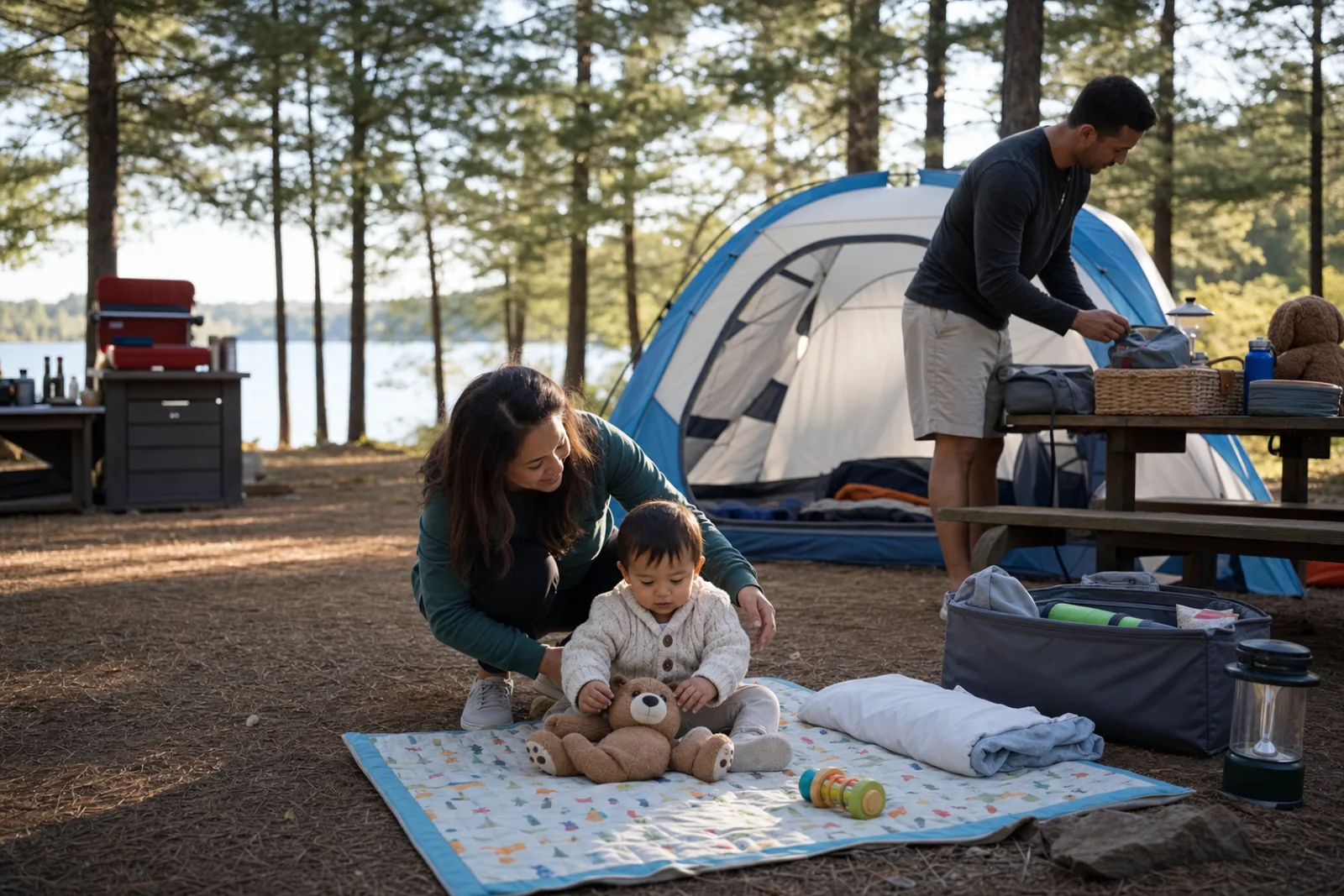 A parent supervises a toddler on a play mat beside a family tent.