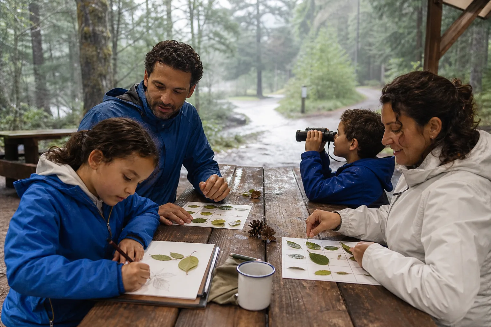 A family draws leaves and watches birds under a rainy campground shelter.