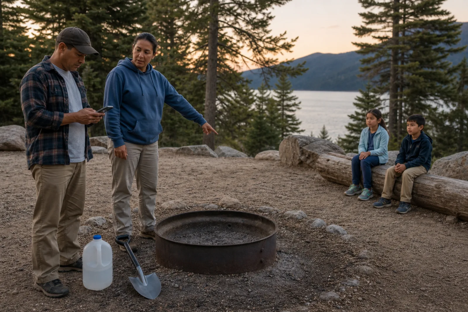 Adults check fire conditions beside an empty fire ring while children wait back.