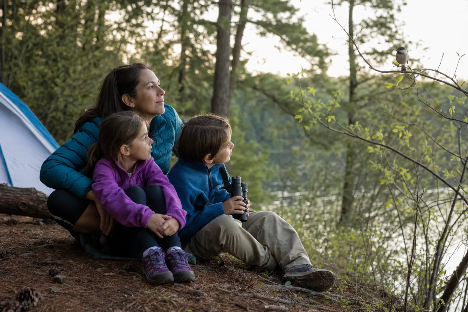 A parent and two children sit quietly beneath a bird perched on a nearby branch.