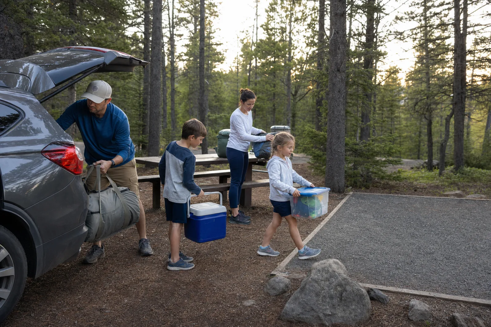 A family unloads organized camping gear from a car at a forest campsite.