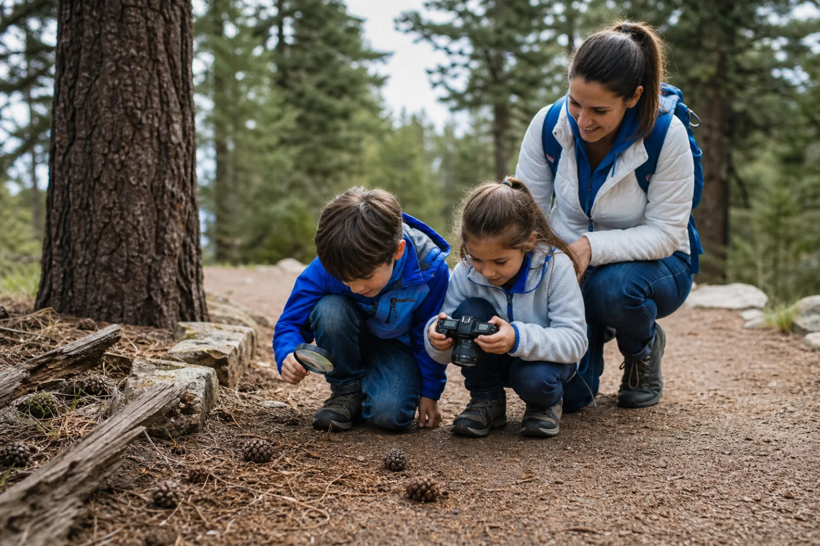 Children examine pinecones with a magnifier and camera on a trail.