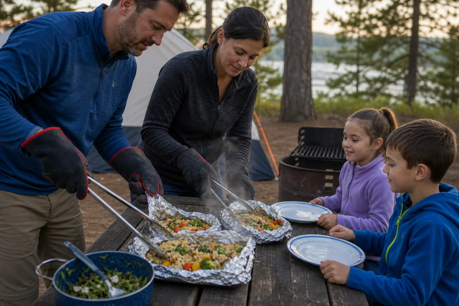 Adults open steaming vegetable foil packets with gloves as children wait back.