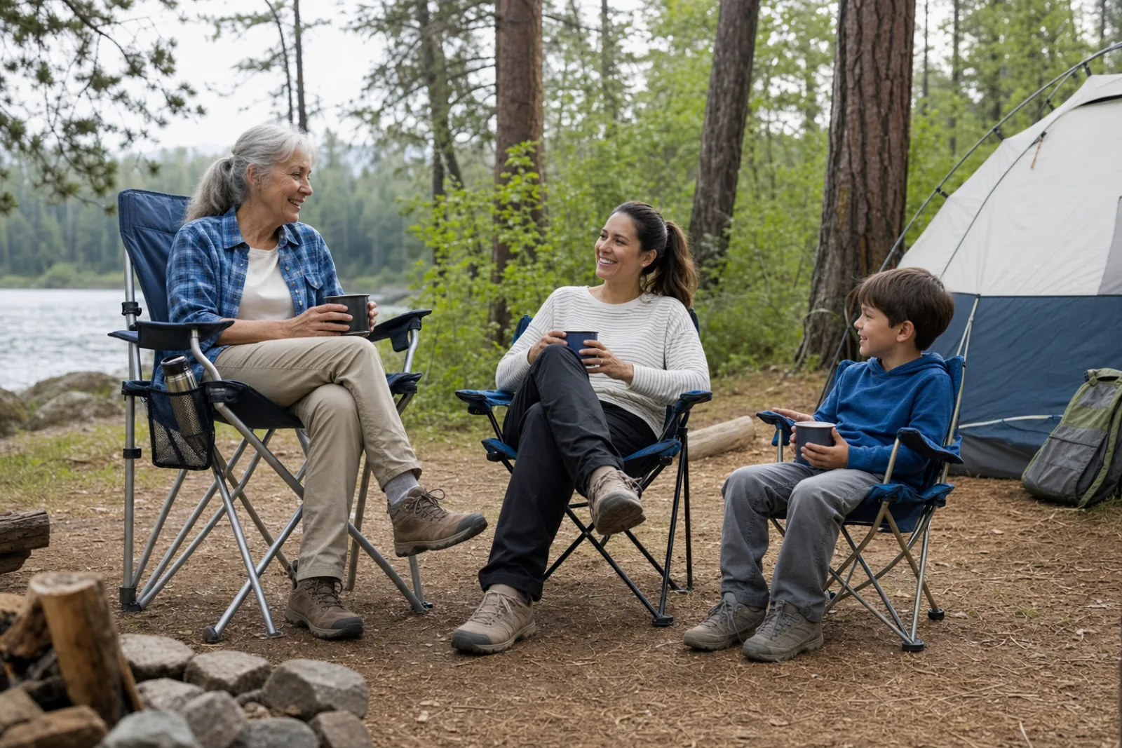 Three generations relax in stable camp chairs sized for each person.