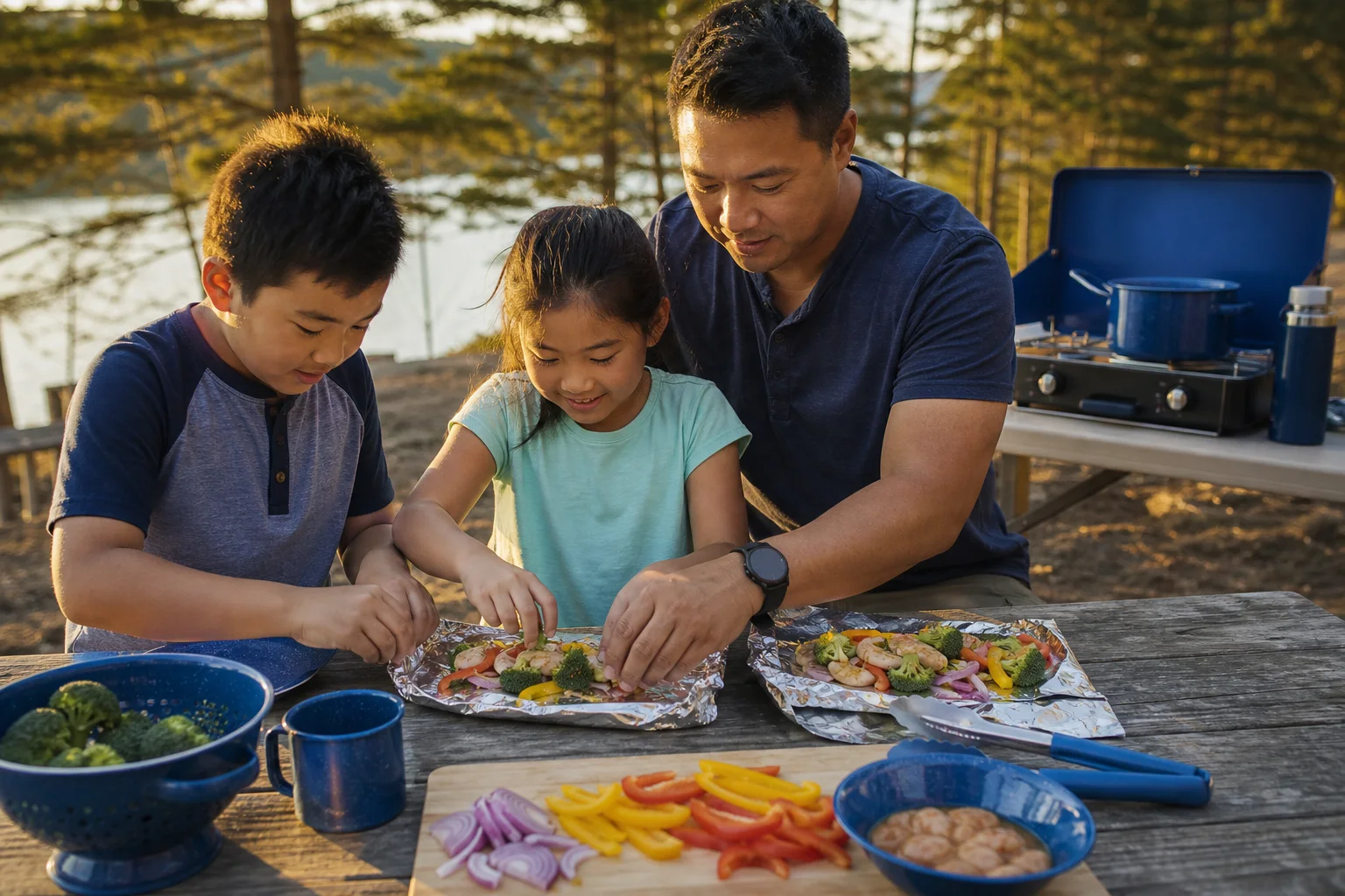 A parent supervising two children as they prepare vegetable foil packets at a campground table.