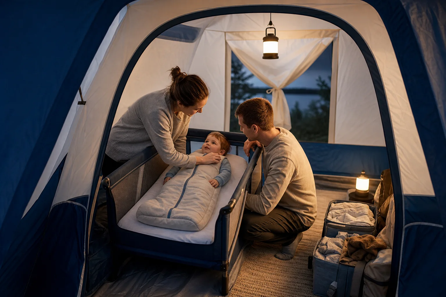 Parents settling a toddler into a safe sleep setup inside a blue-and-white family tent.