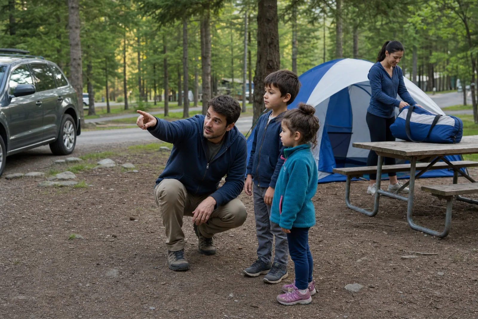 A parent points out campsite boundaries to two children while another adult unloads the tent.