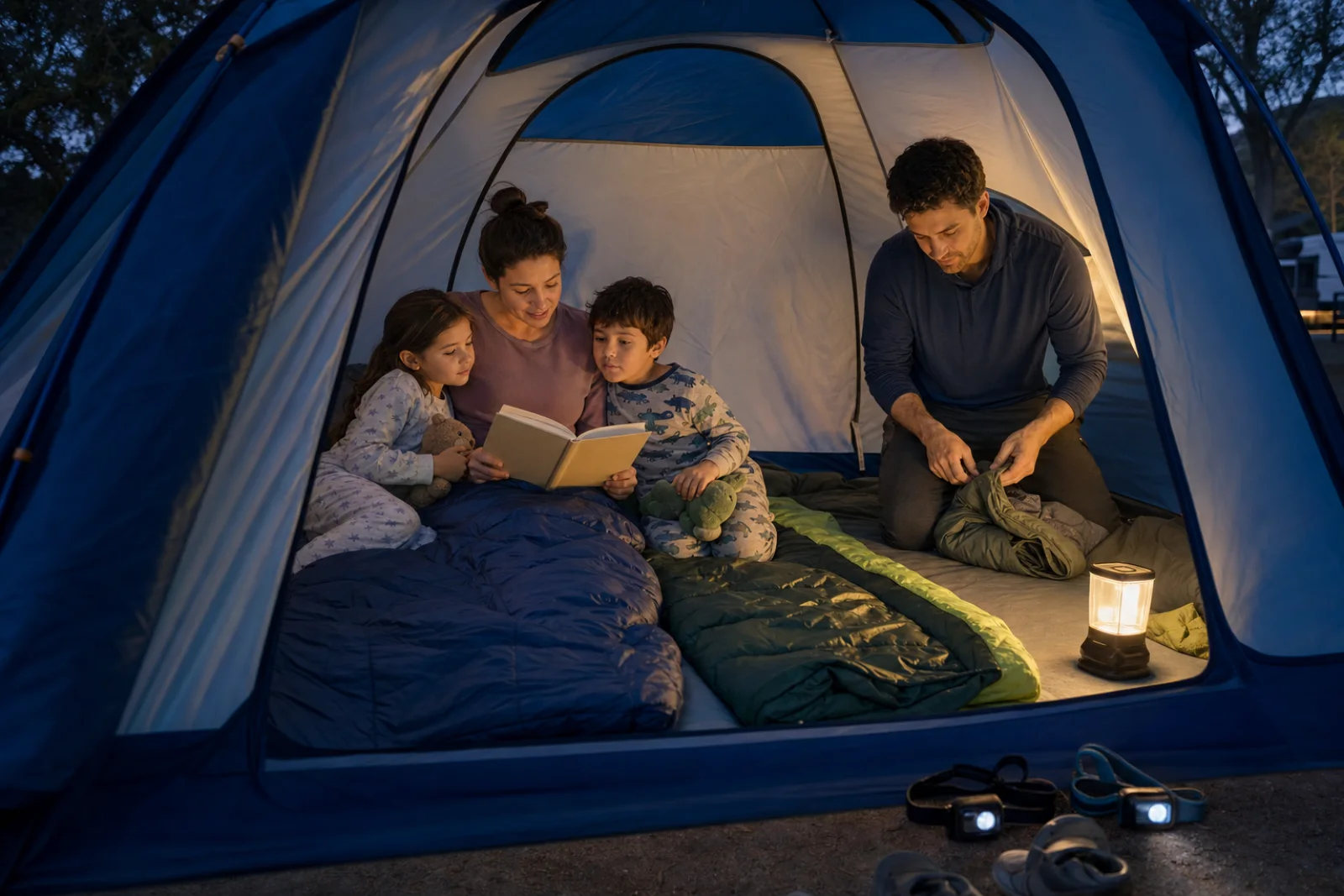 A family reads together inside a dry tent with sleeping bags and headlamps ready for bedtime.