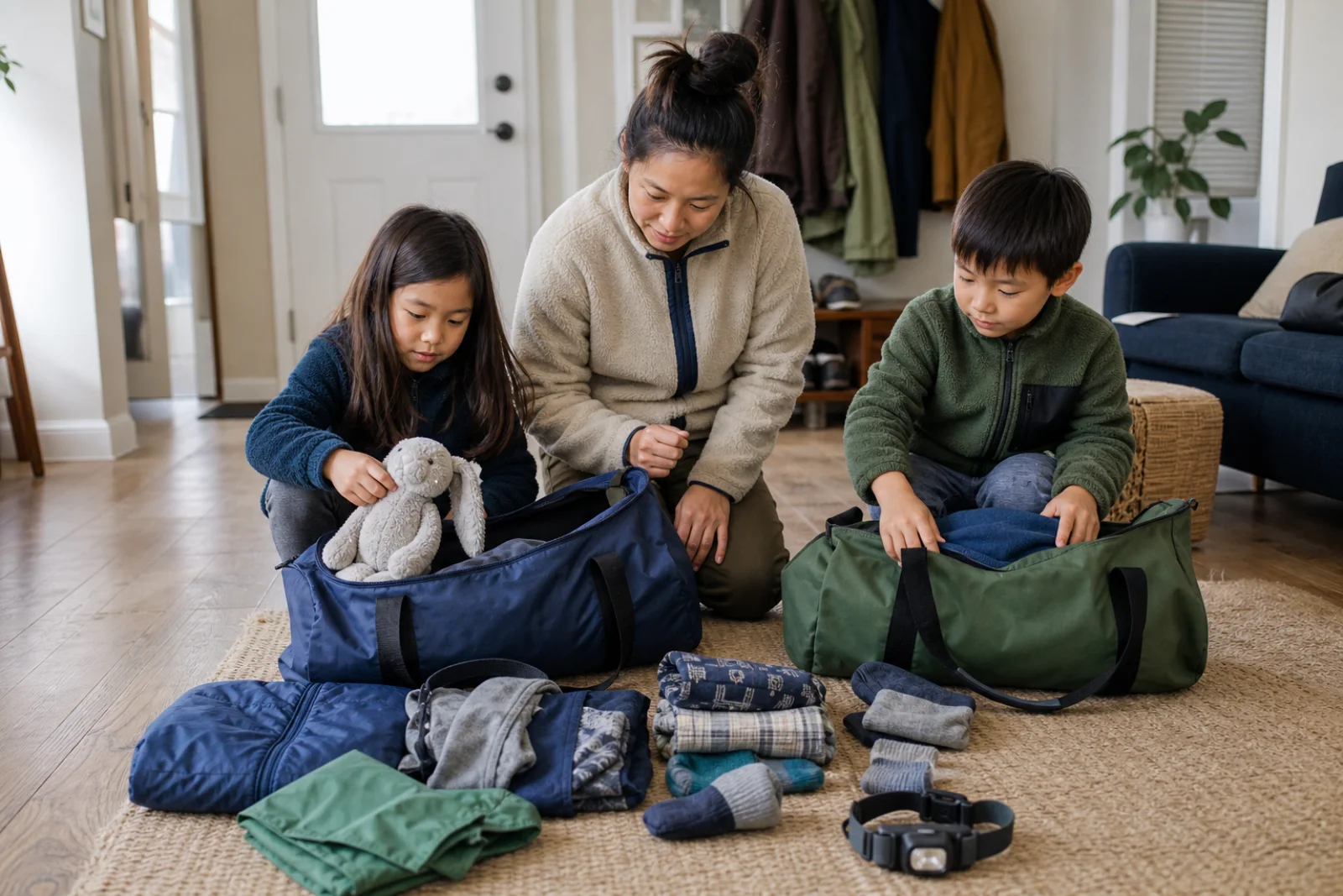 A parent helps two children pack clothing and comfort items into separate duffel bags.