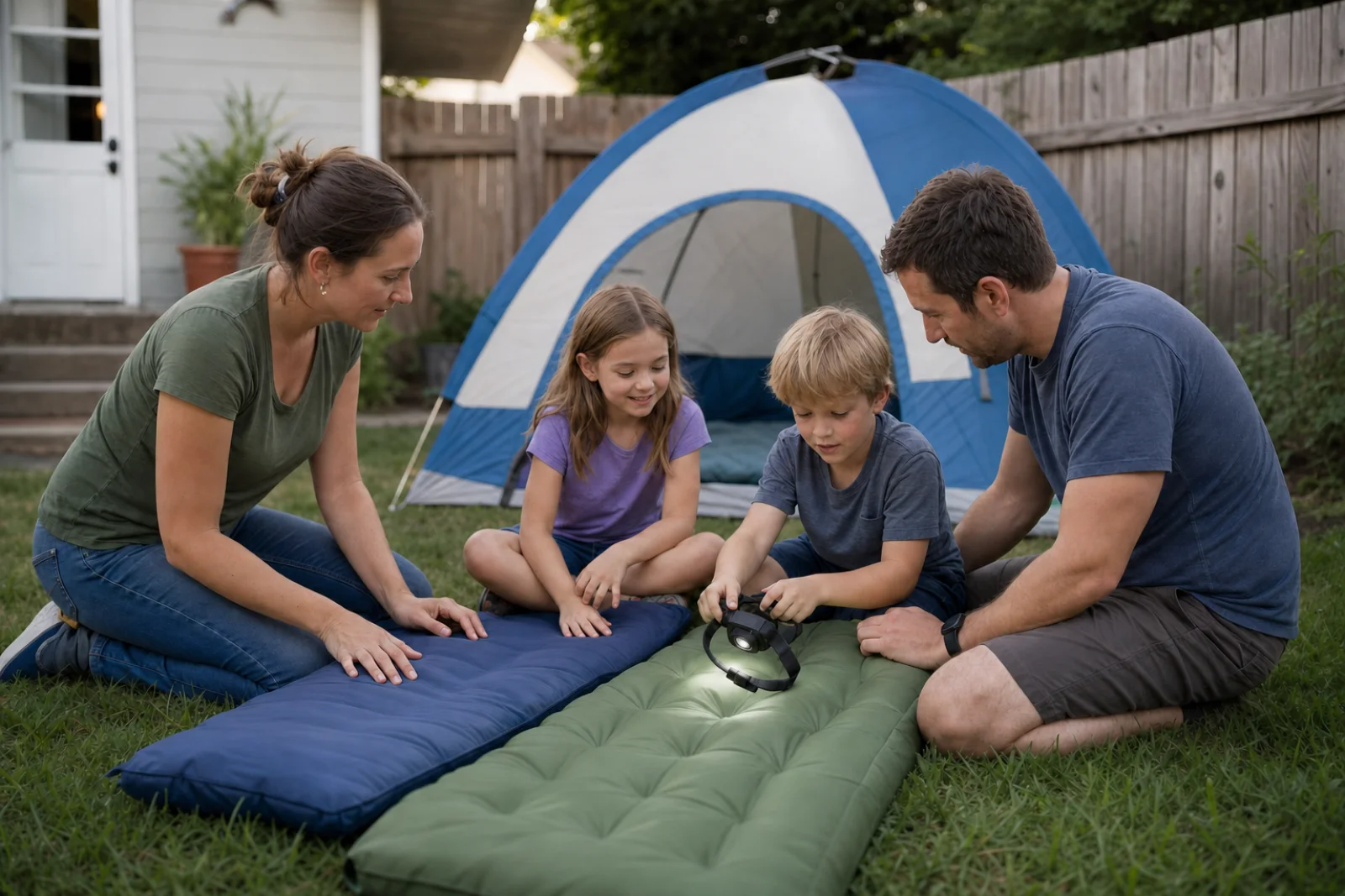 A family tests sleeping pads and a plain headlamp beside a tent in their backyard.