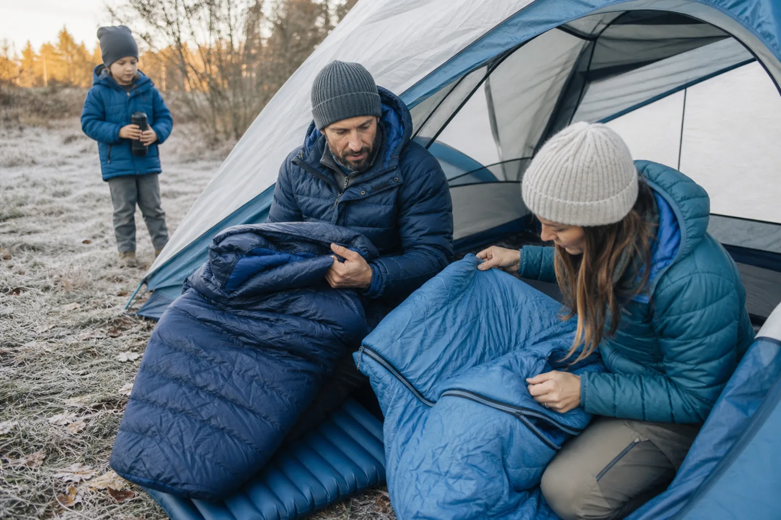 Parents compare insulated sleeping bags at a frosty autumn campsite.