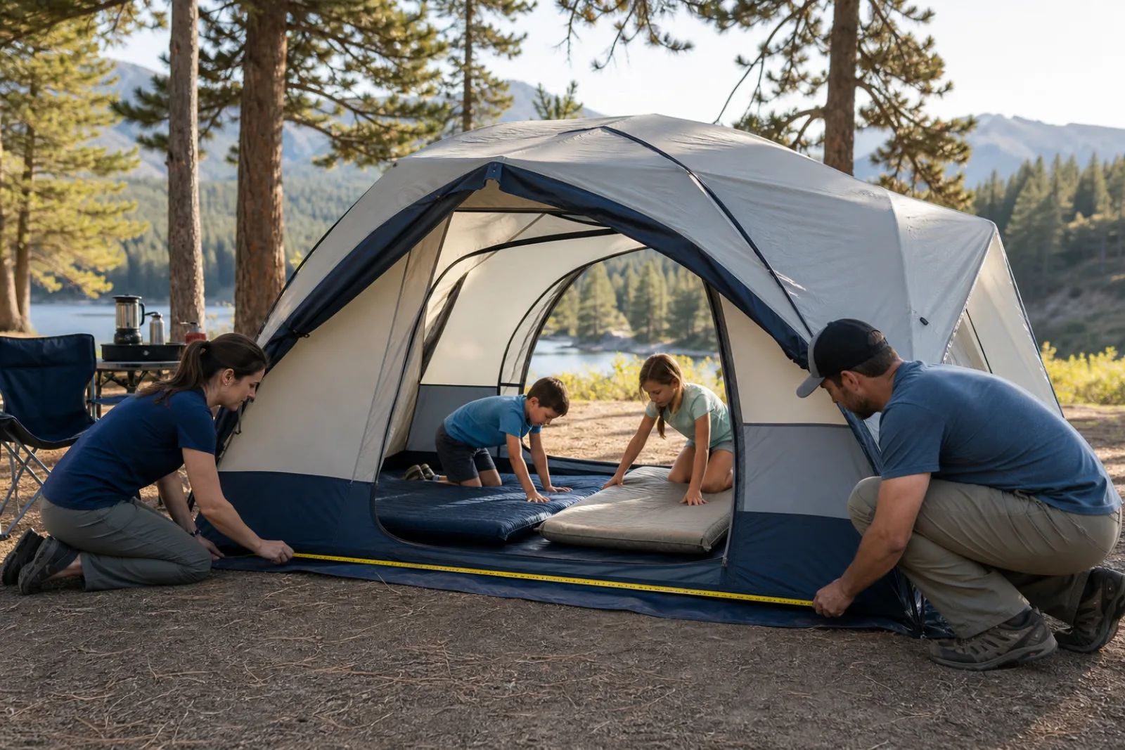 A family measures tent floor space and tests sleeping-pad fit at camp.