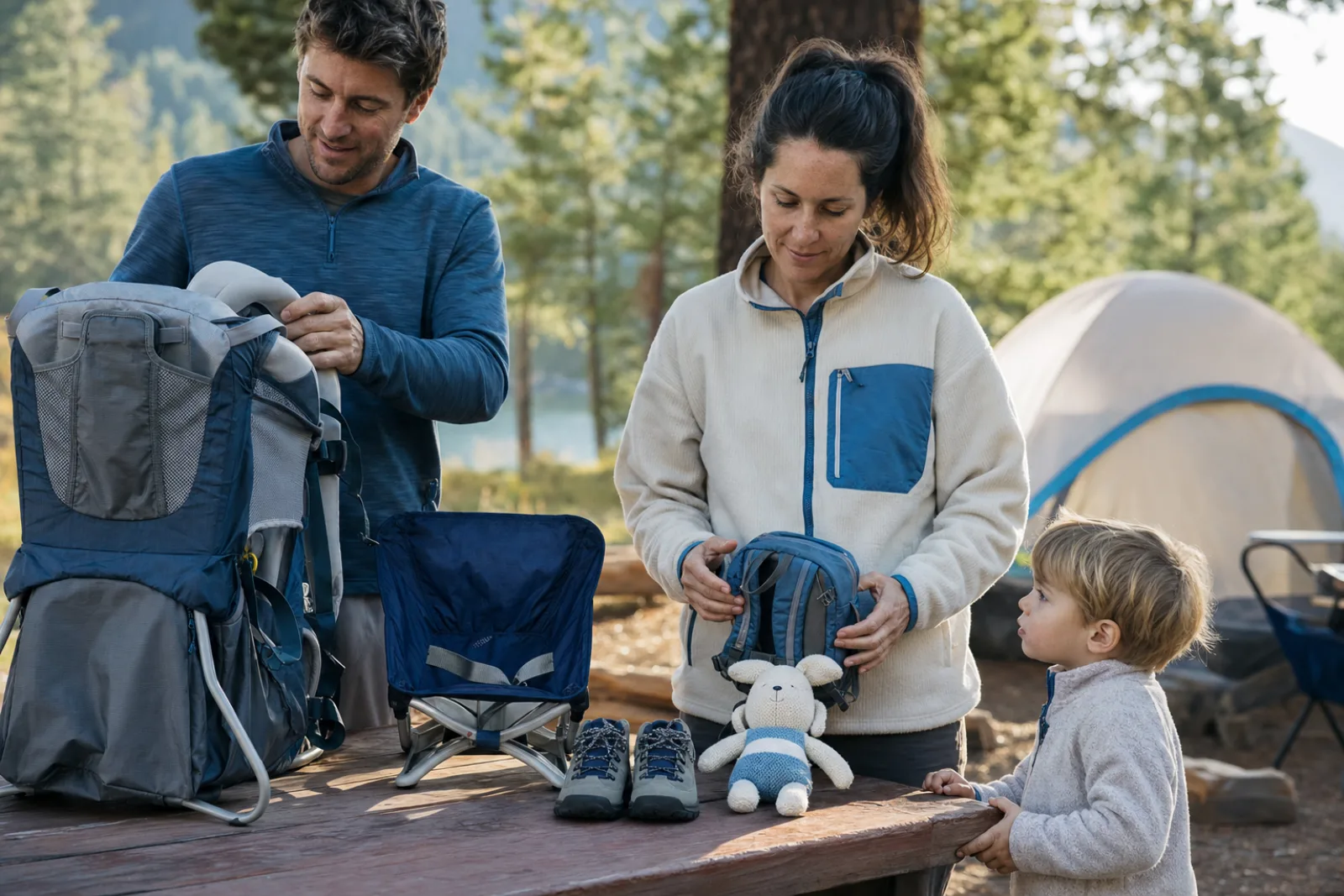 Parents review a child carrier, small chair, shoes and comfort toy at camp.