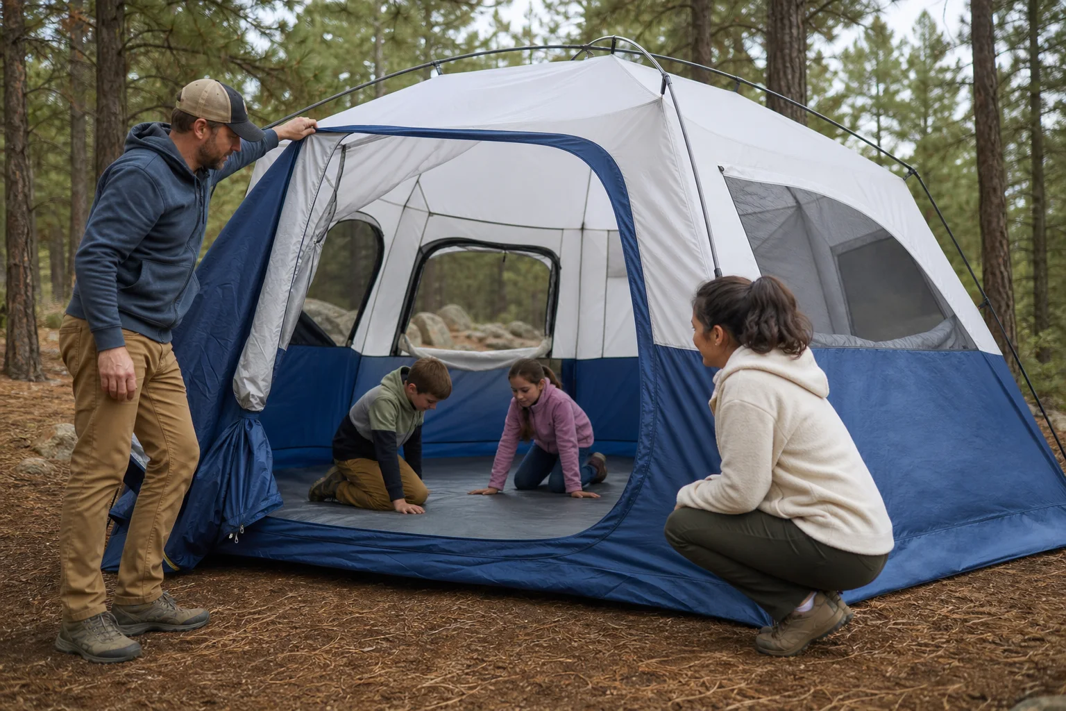 A family checking the floor space and doorway of a spacious blue-and-white camping tent.