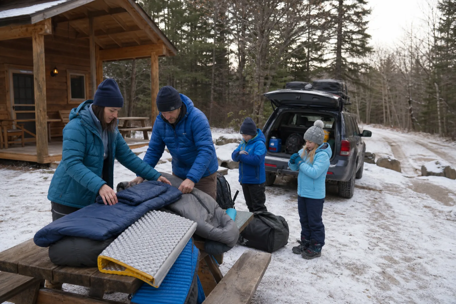 A warmly dressed family checks sleeping bags and insulated pads beside a winter cabin.