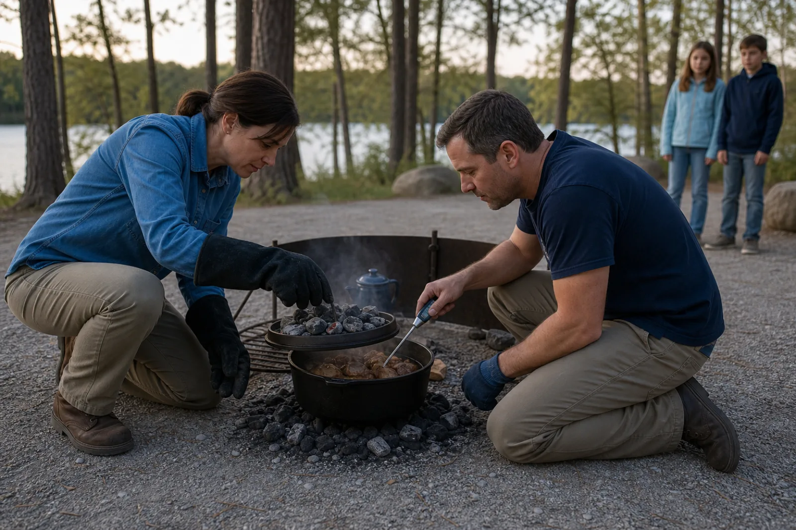 Adults safely check a Dutch oven meal while children observe from a distance.