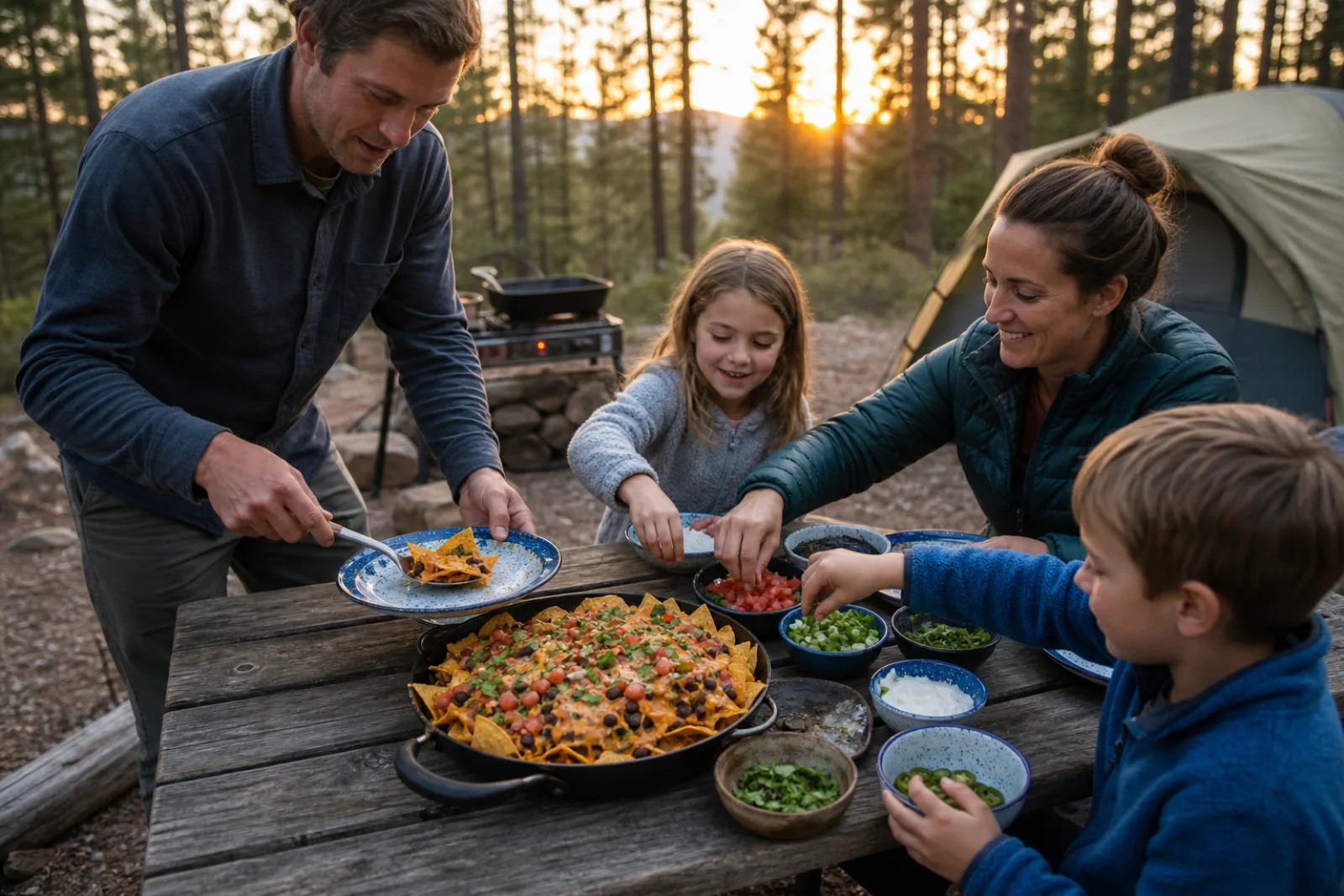 A family adds toppings to a one-pan campsite dinner.