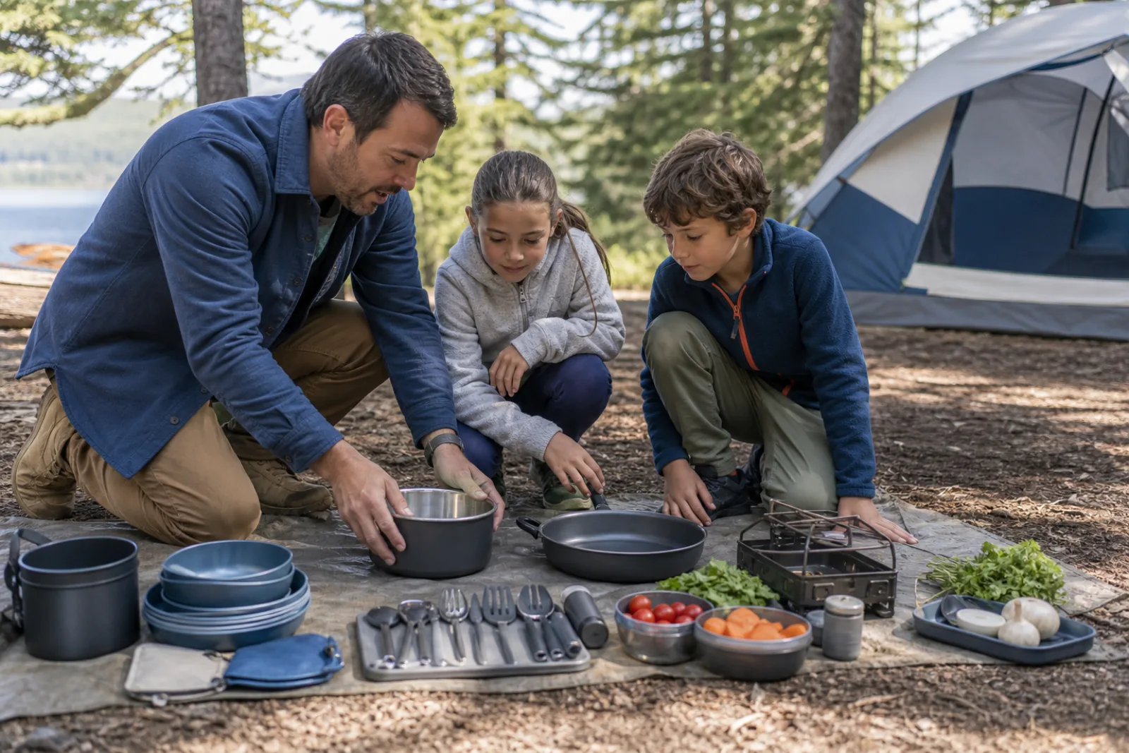 A parent and two children arrange cookware and ingredients on a campsite table.