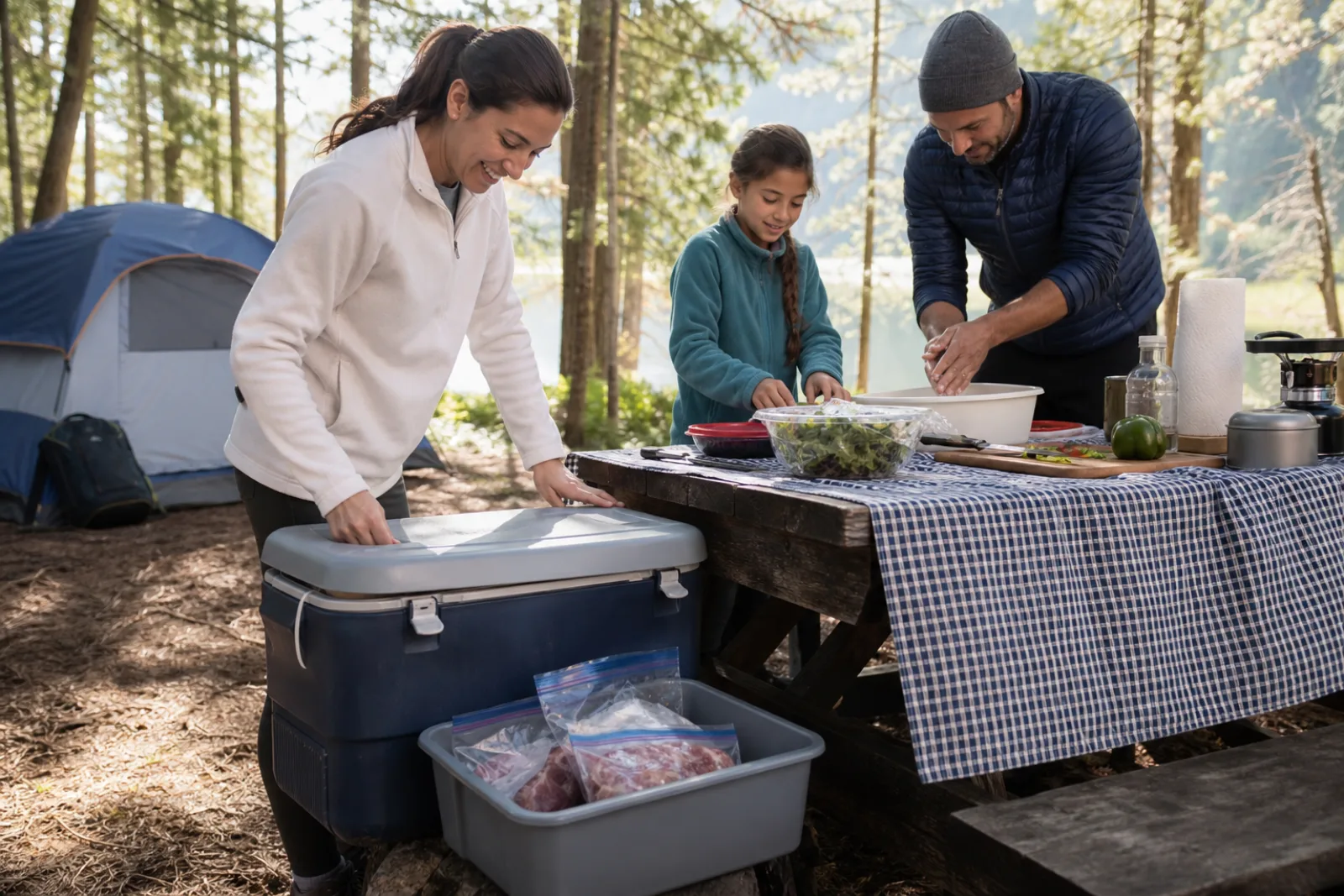 A family organizes covered food and a hard-sided cooler at their campsite.