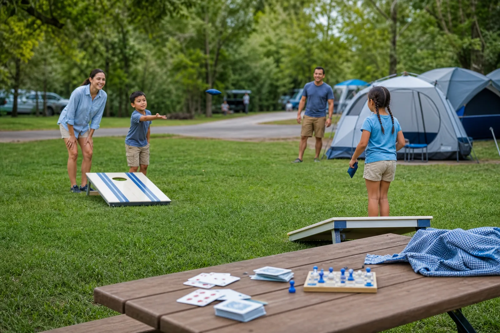 A family plays a beanbag lawn game near their campsite.