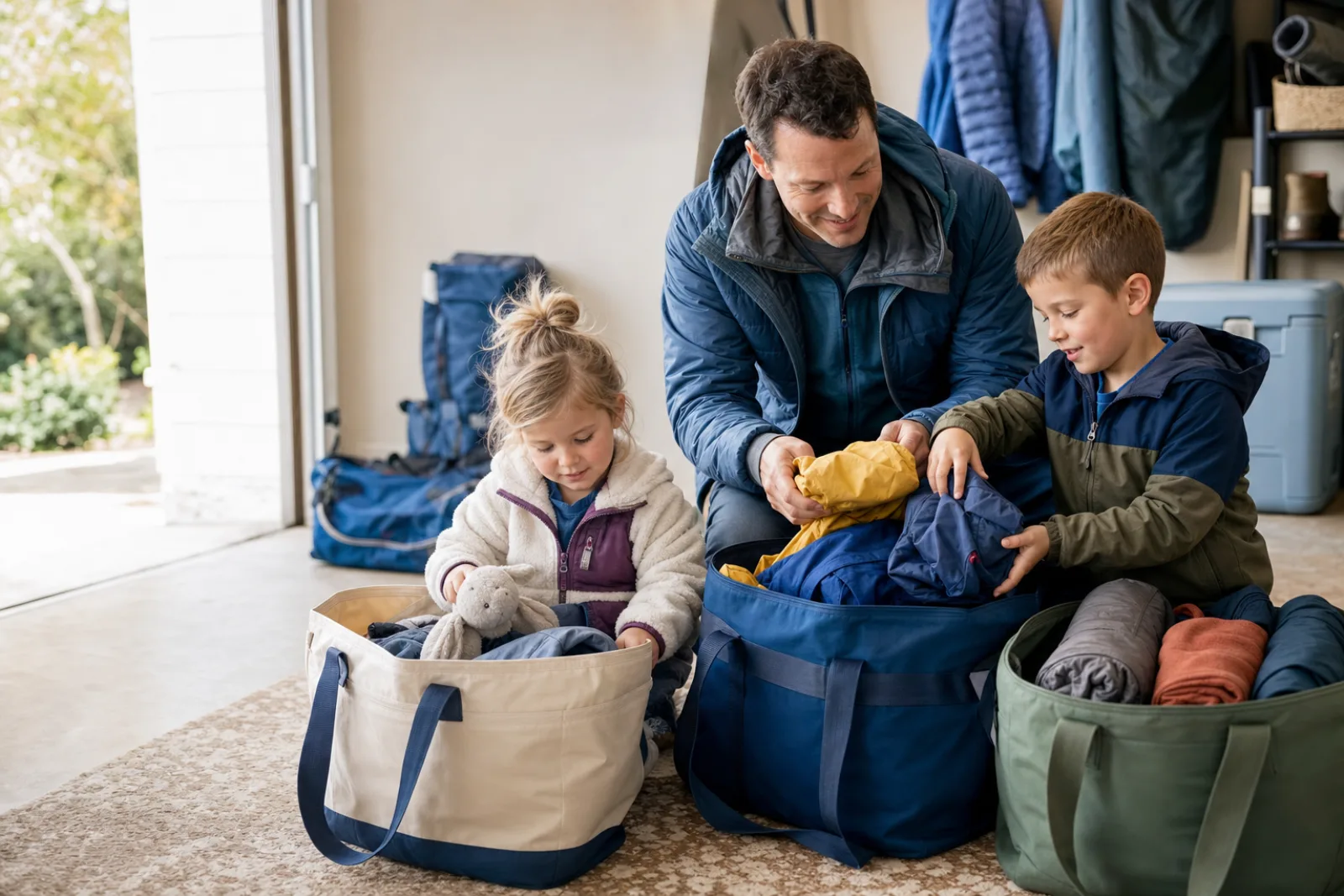 A parent and two children organizing clothing and comfort items into camping bags.