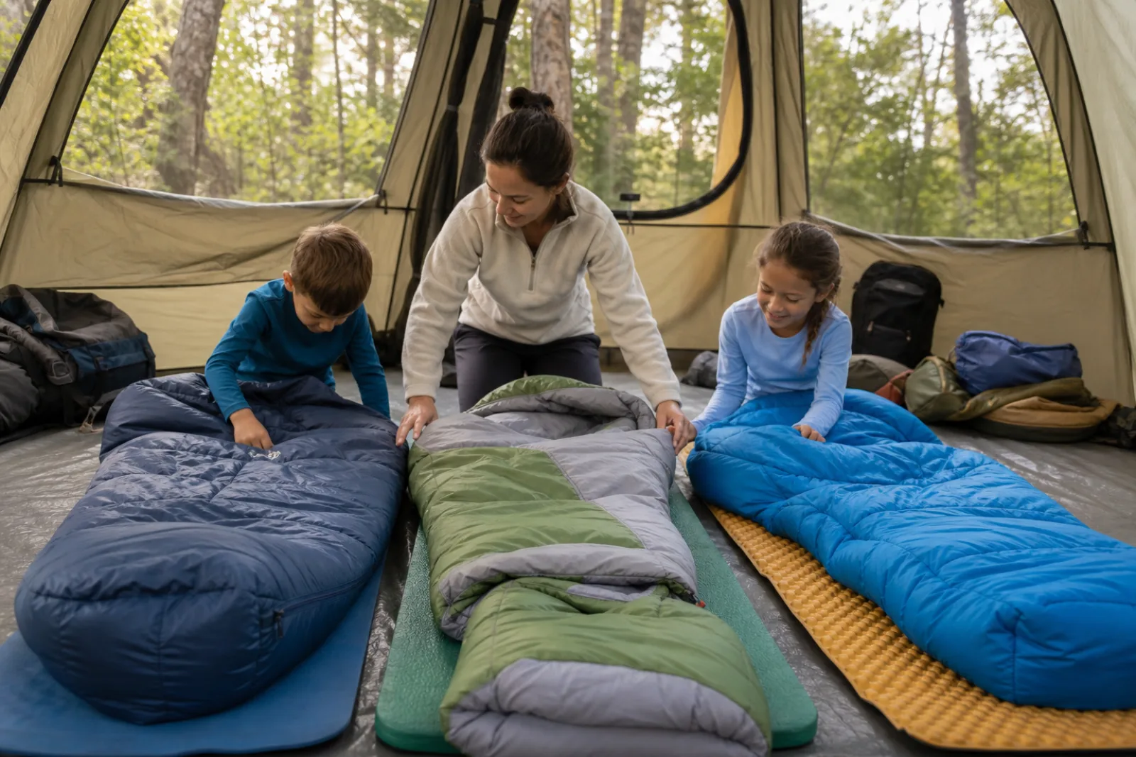 A parent and two children compare three sleeping bags inside a roomy tent.