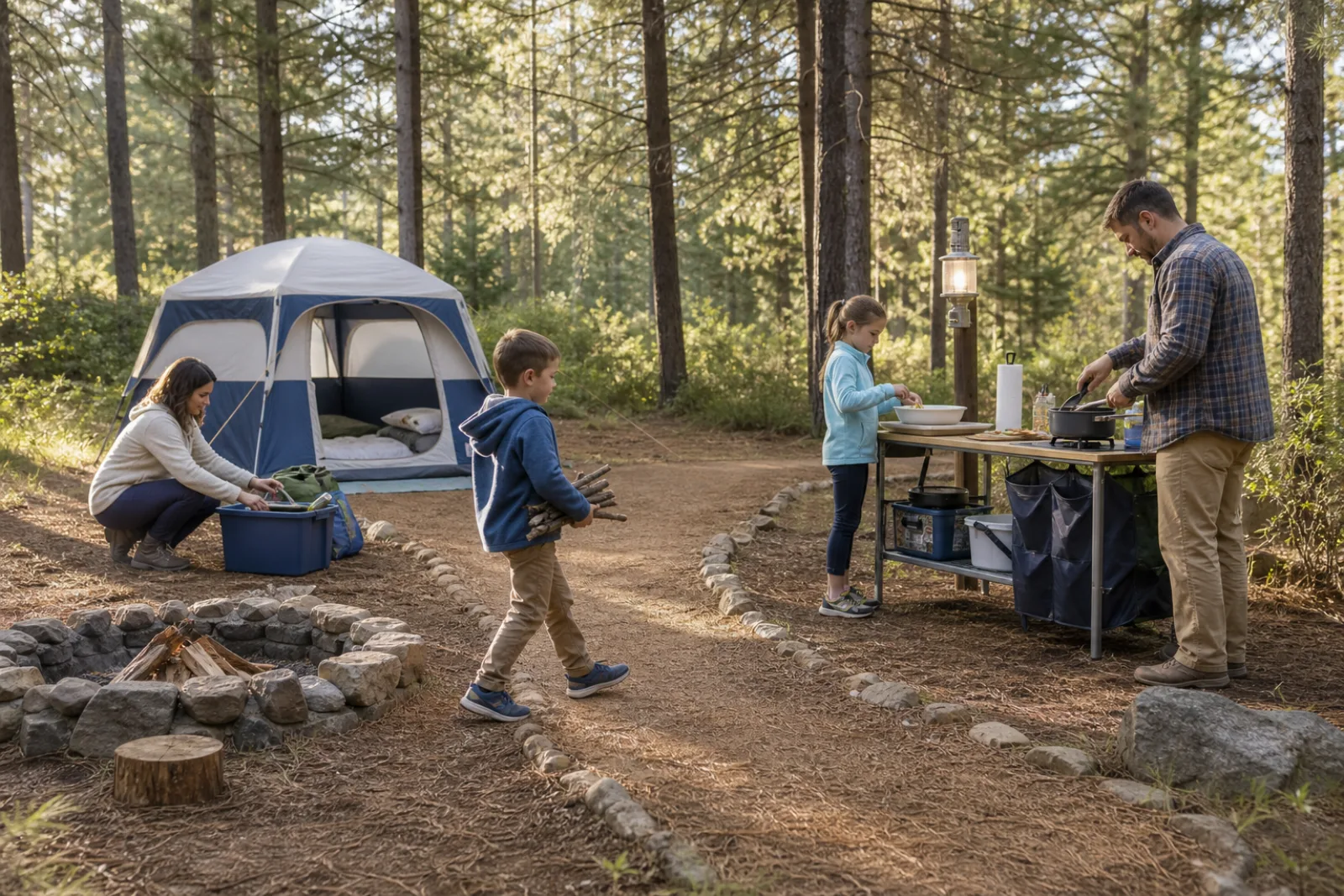 A family uses clearly organized tent, storage, lighting and cooking zones at camp.