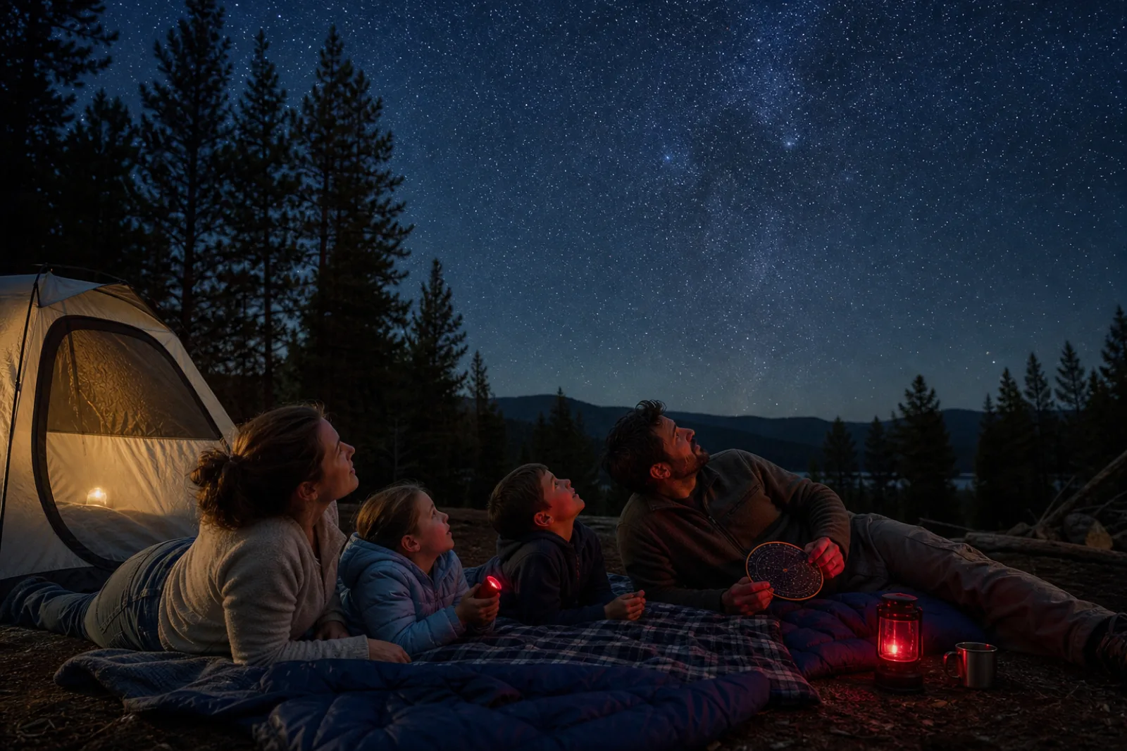 A family reclines beside their tent under a starry sky with dim red lights.