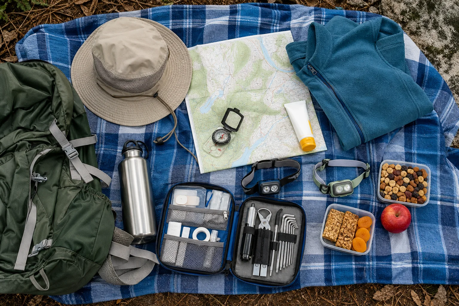 A map, compass, first-aid kit, layers, lights, water and snacks arranged on a blue picnic blanket.