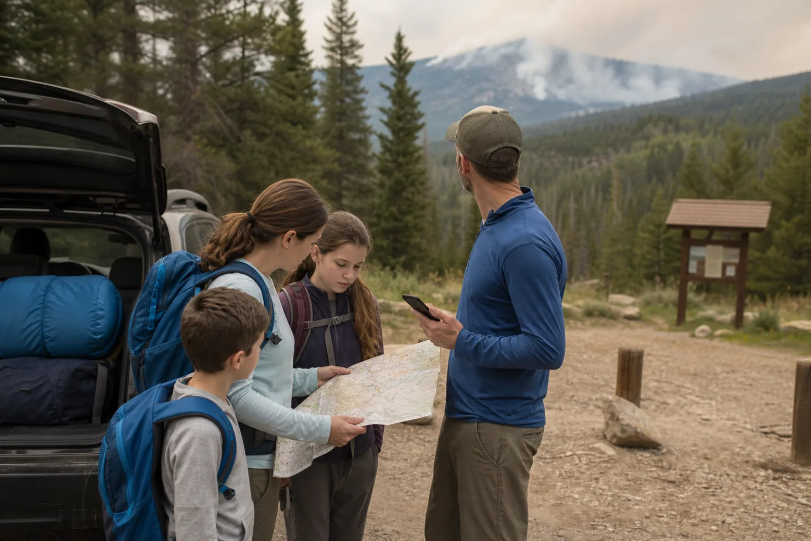 A family studies a paper map beside a packed car overlooking a hazy mountain valley.