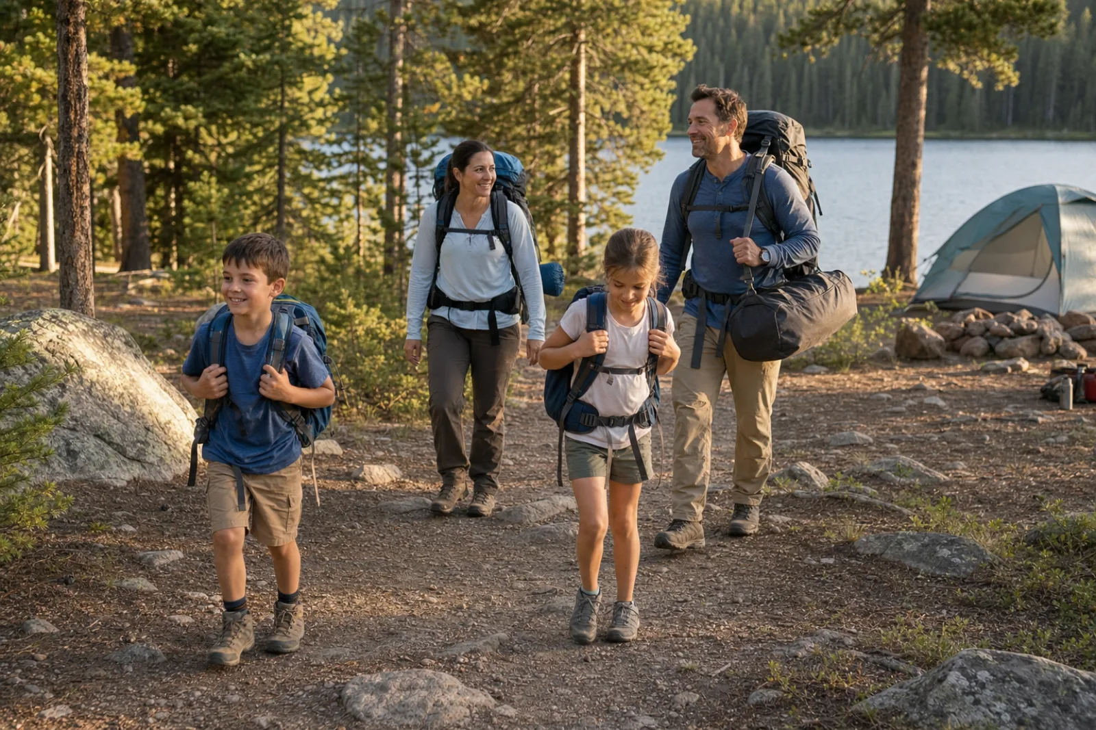 A family wearing backpacks hikes past tents beside a forest lake.