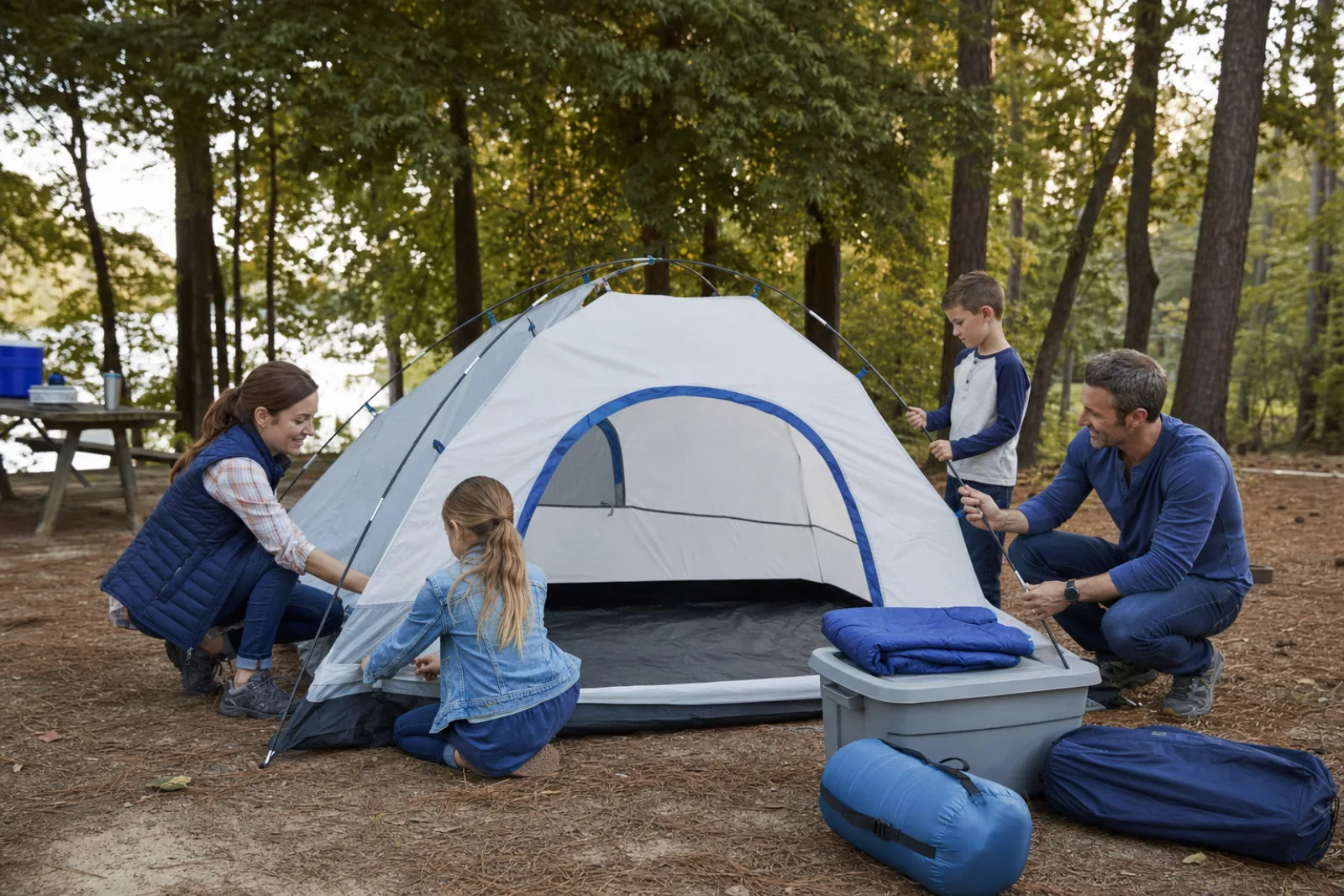 Parents and two children pitch a blue-and-white tent at a forest campground.