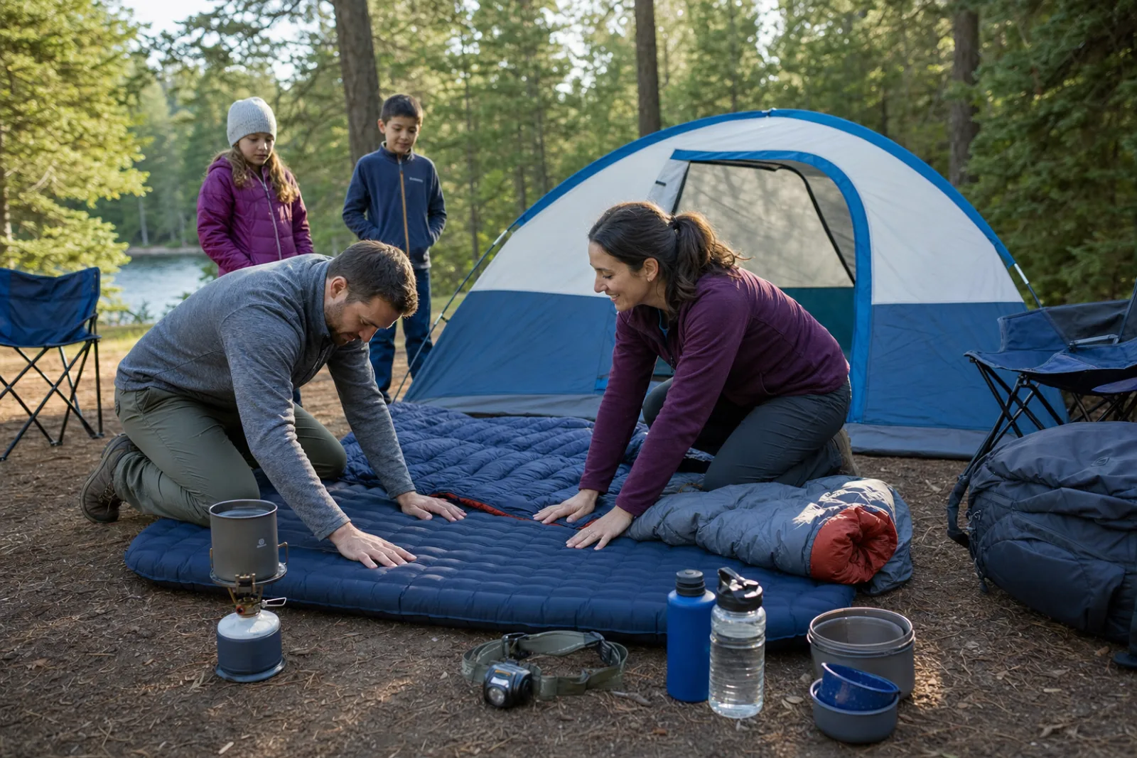 Parents test sleeping pads while children watch beside a family tent.