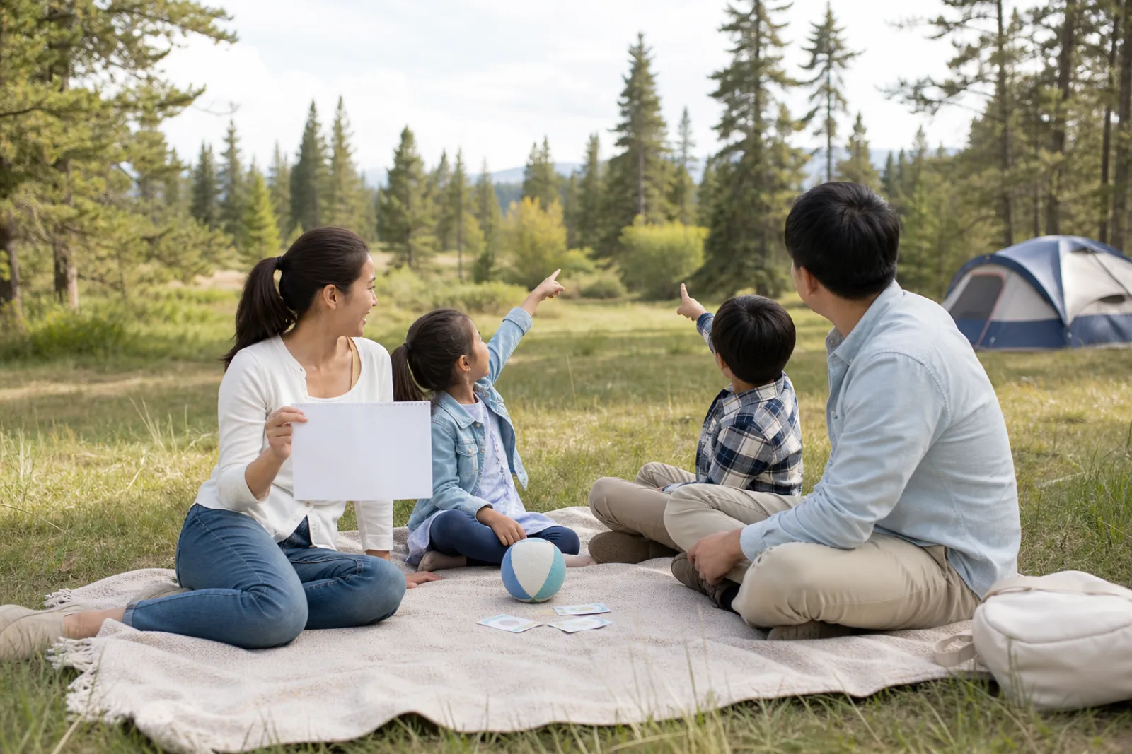 A family points out natural colors during a seated campground observation game.