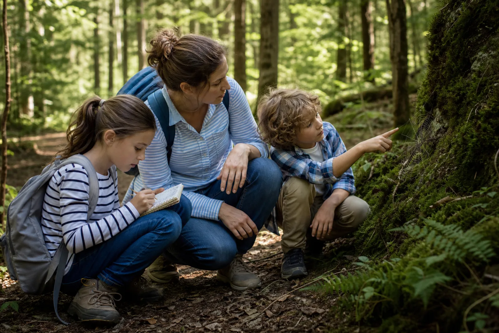 A parent and two children quietly sketch and observe a forest spiderweb.
