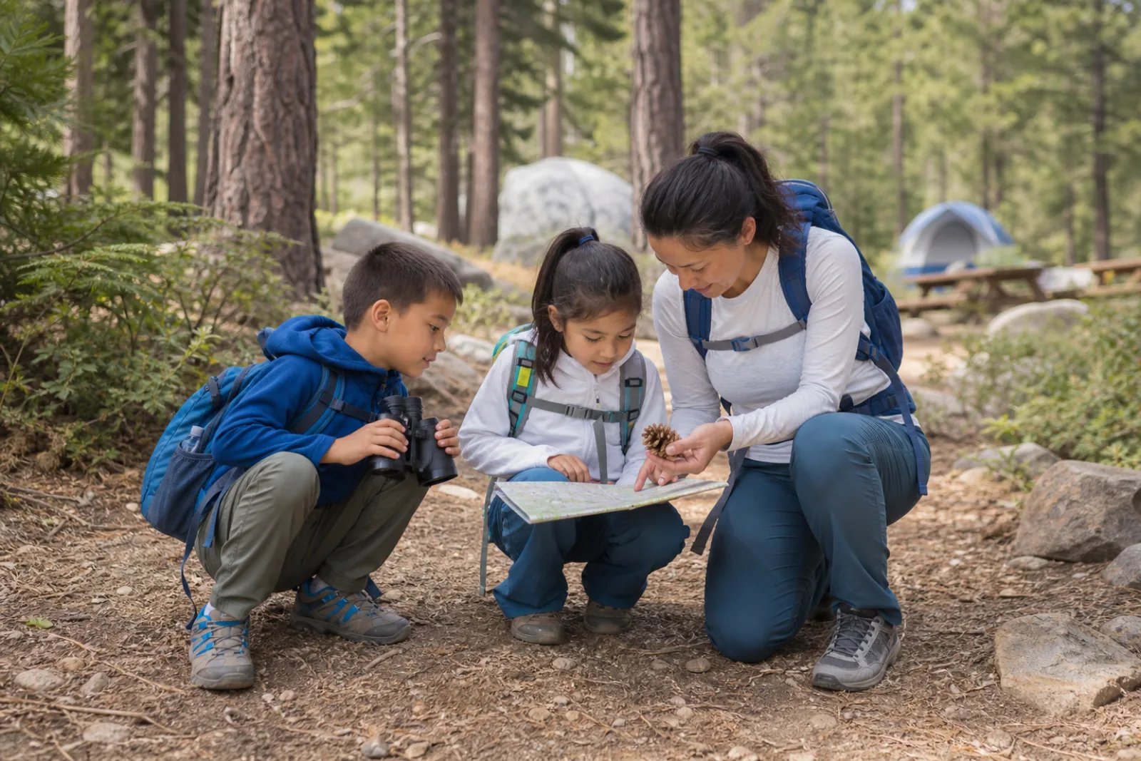 A parent and two children pause together to study a trail map in the forest.