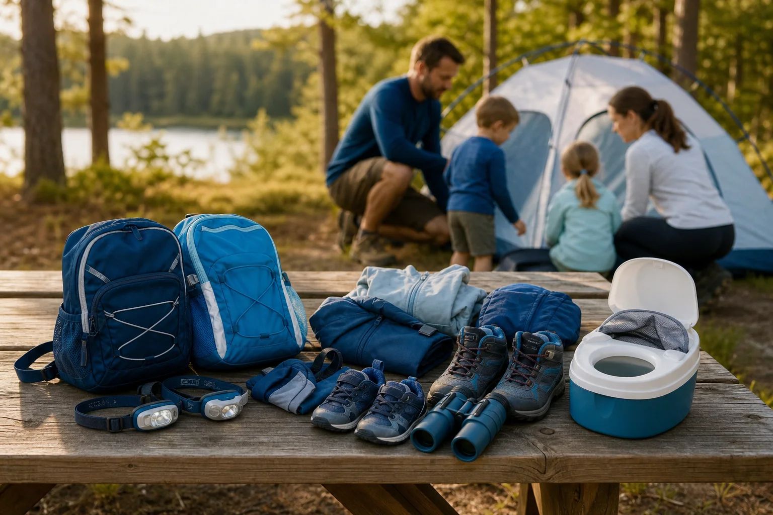 Children's backpacks, headlamps, rain layers and shoes arranged on a campground picnic table.