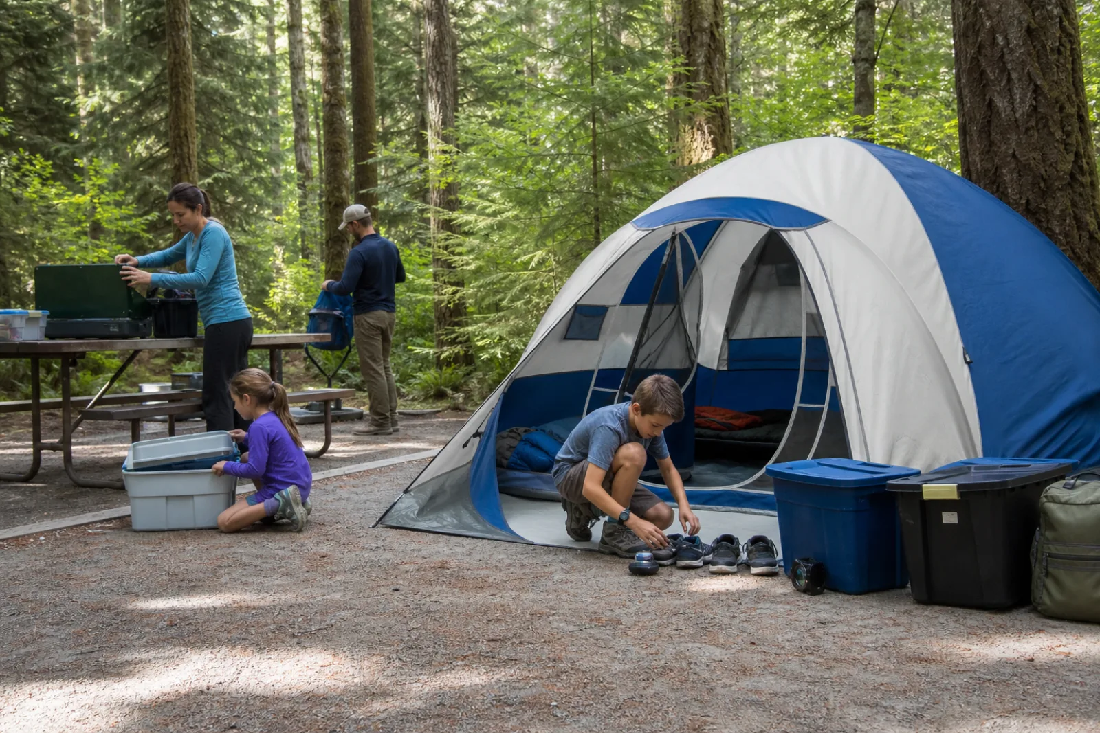 A family organizes clear sleeping, kitchen and storage zones at camp.