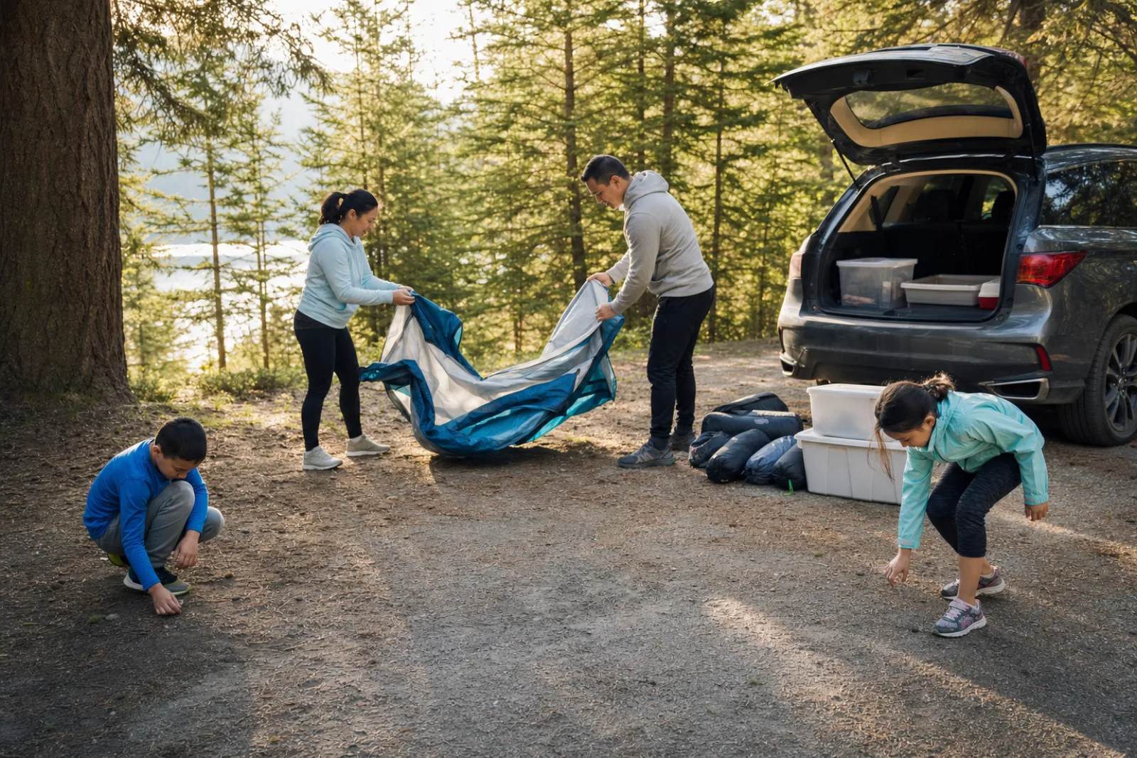 A family folds their tent and checks the empty campsite for litter.