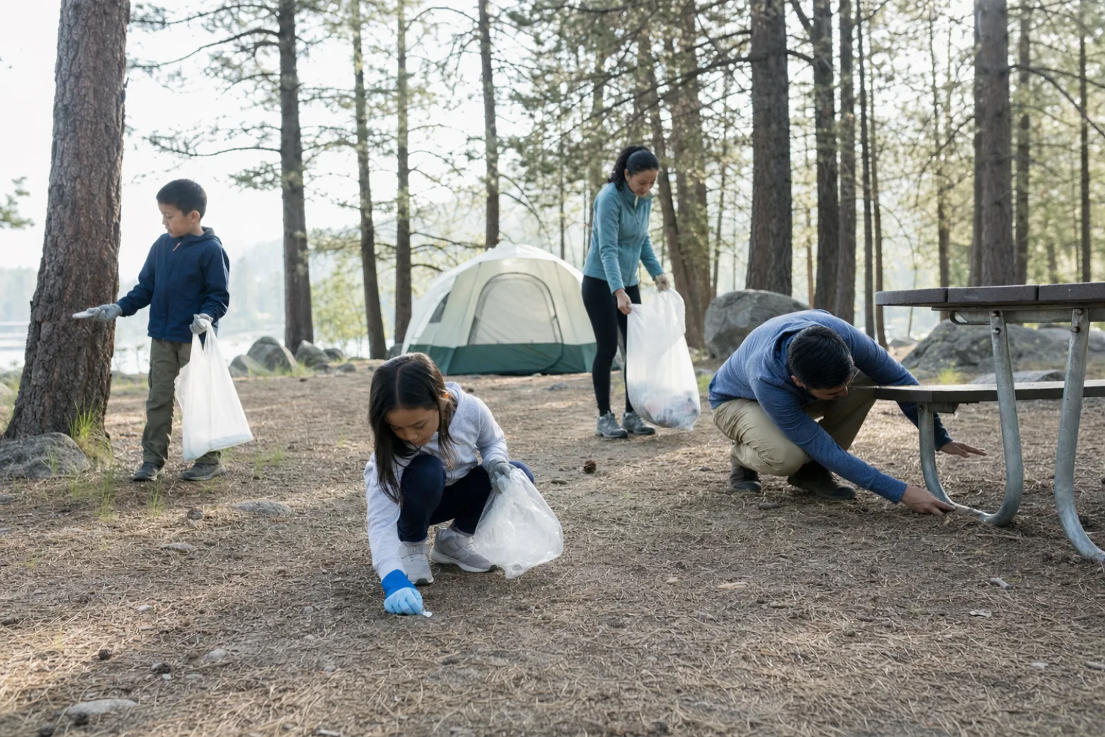 A family collects tiny pieces of litter during a final campsite check.