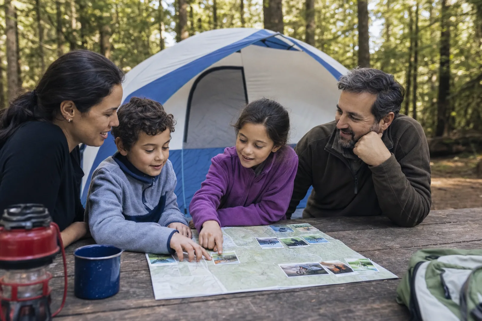 Children choose campground activities with their parents at a picnic table.