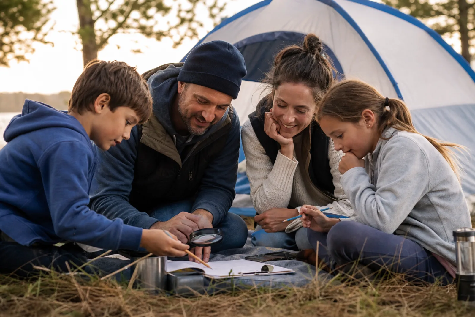 A family creates a simple nature activity beside their tent.