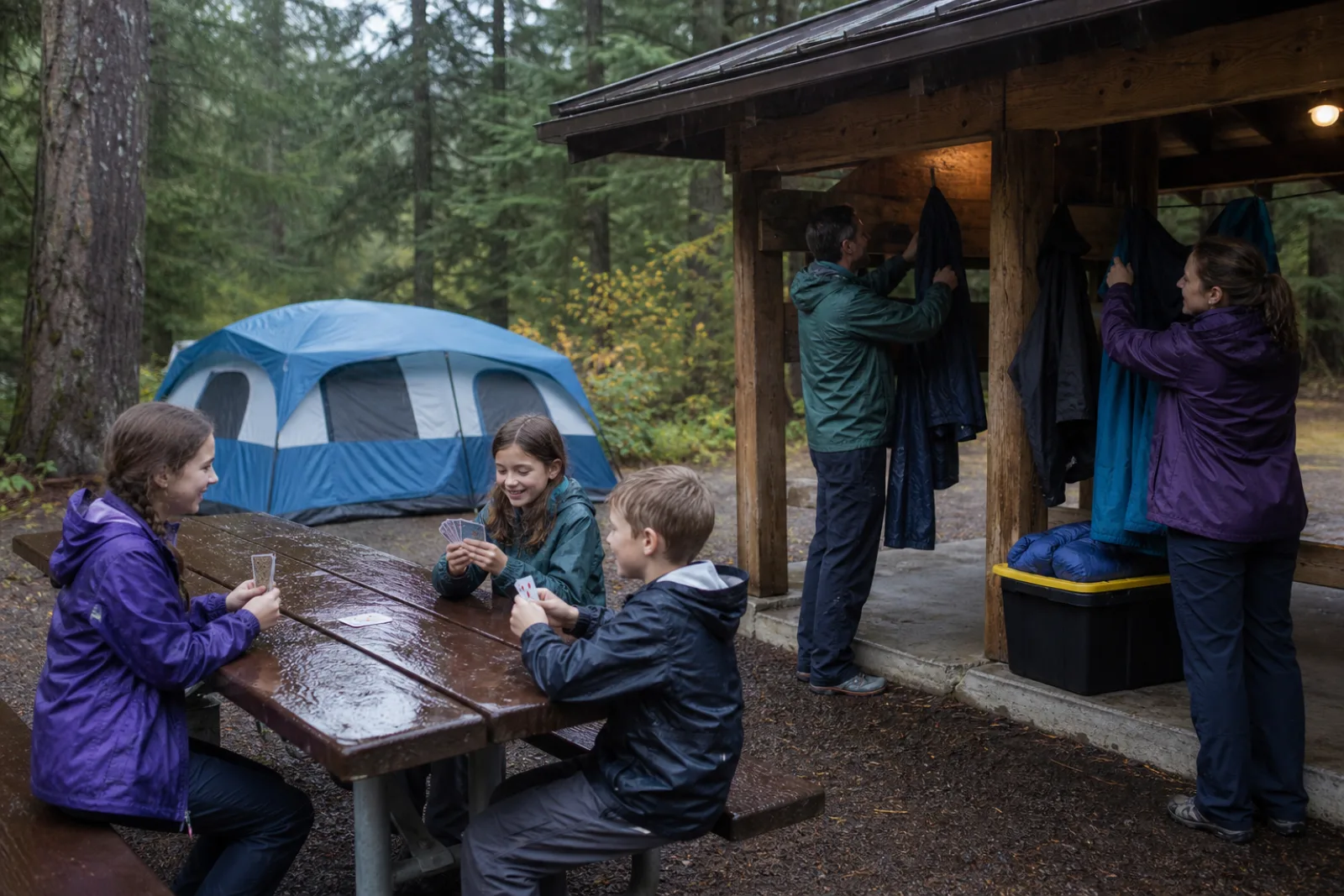 A family keeps bedding dry and plays cards during rain at camp.