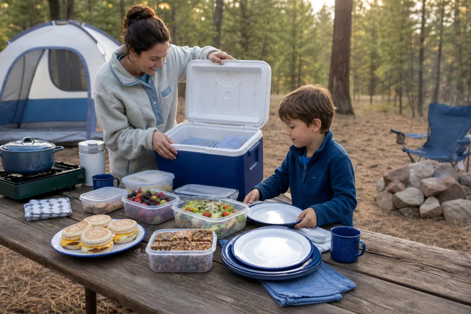 A parent and child unpack prepared meals from a campsite cooler.