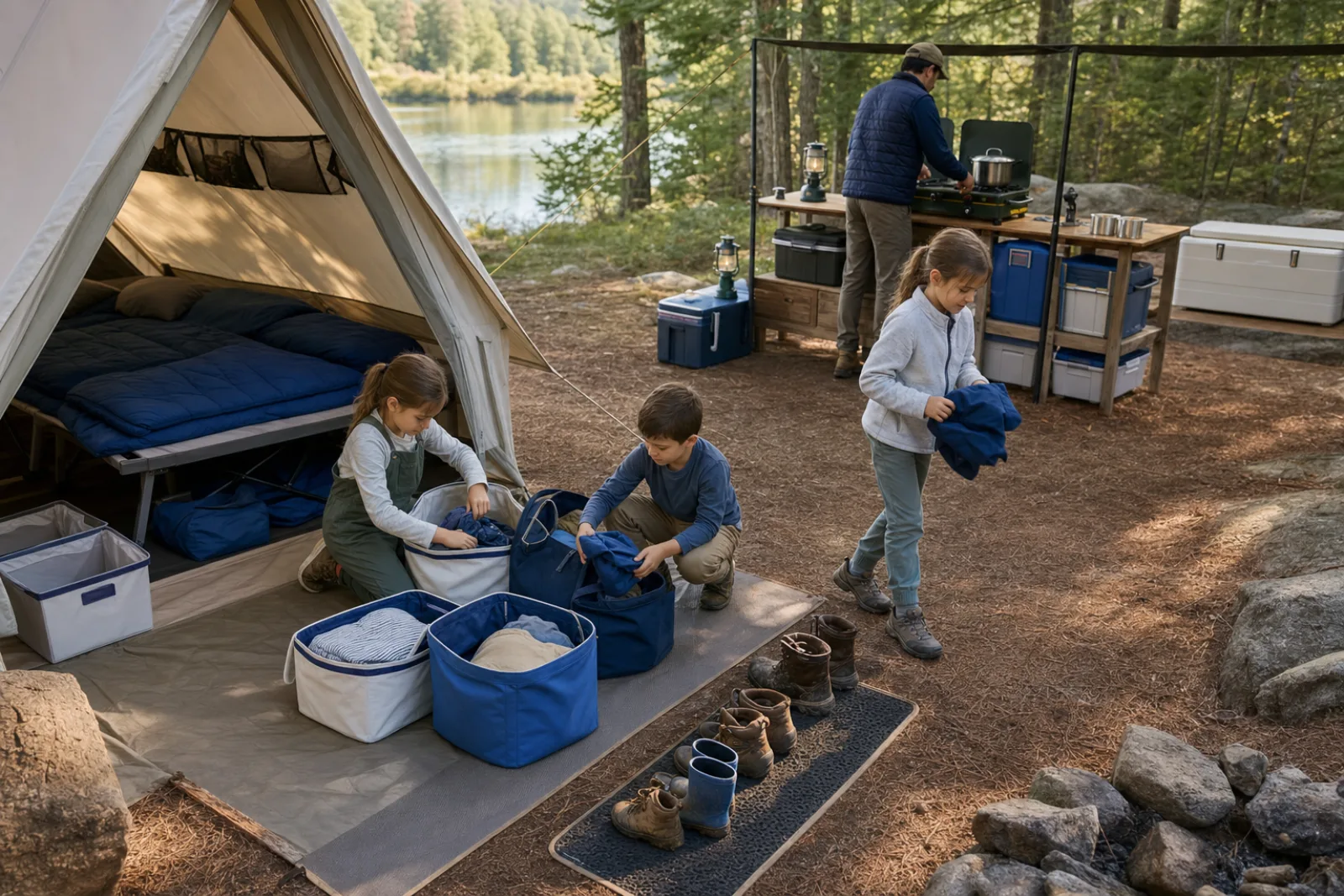 Children sort clothing beside a dry tent while an adult manages a separate camp kitchen.